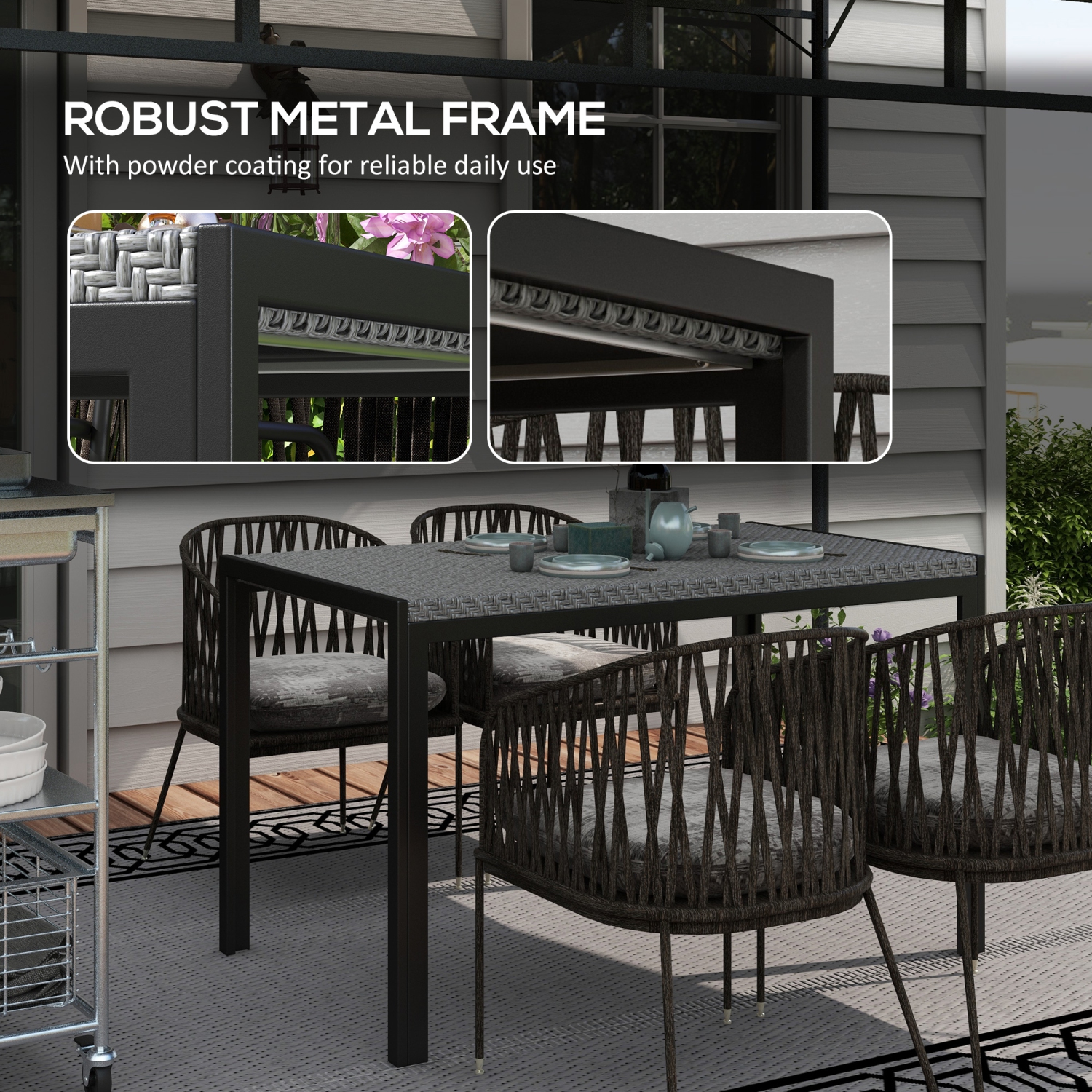 Table à dîner de jardin Outsunny de 47&nbsp;po pour 4&nbsp;personnes, table extérieure rectangulaire avec table en osier de rotin en polyéthylène,