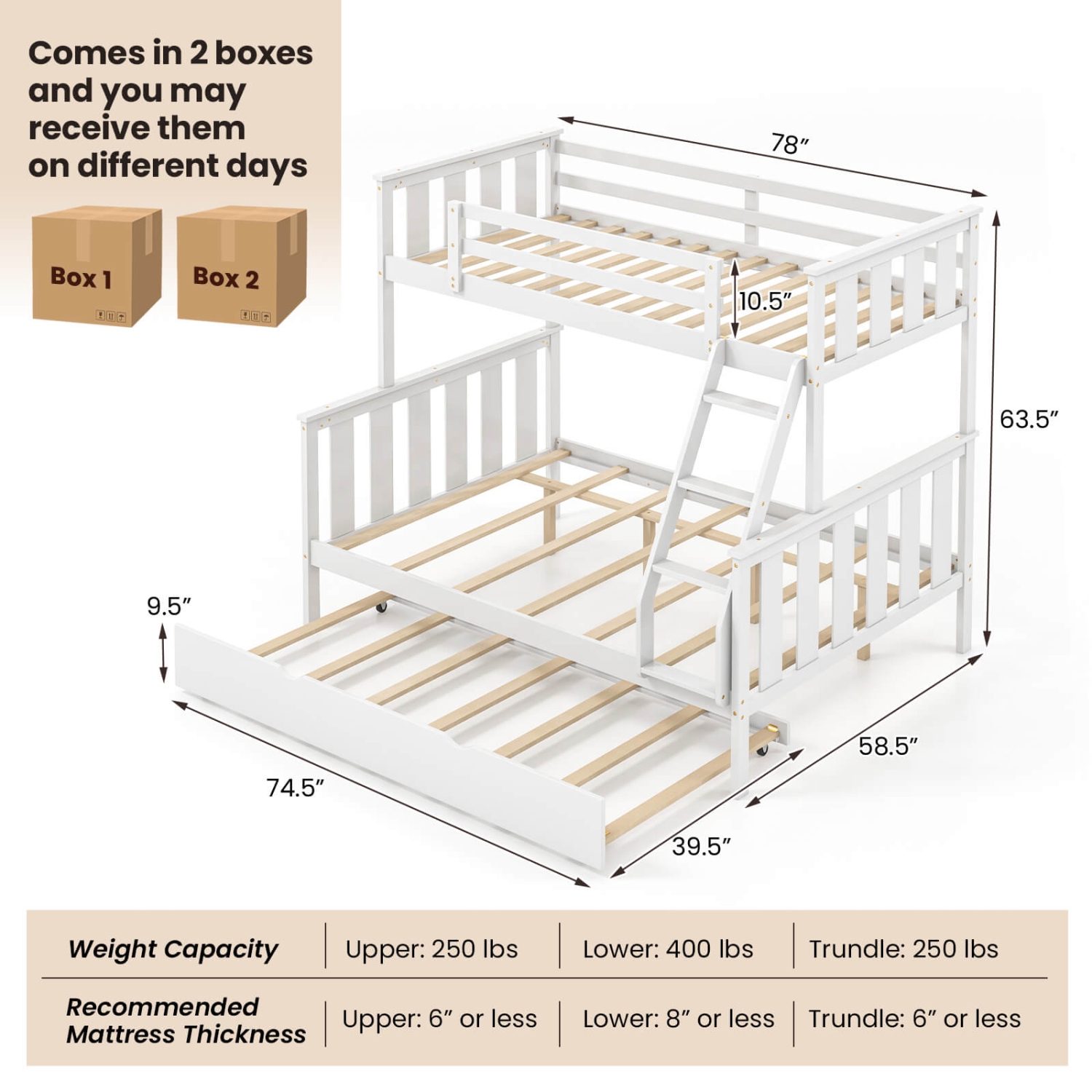 Costway Twin Over Full Bunk Bed with Trundle Ladder Safety Guardrails 3-in-1 Beds