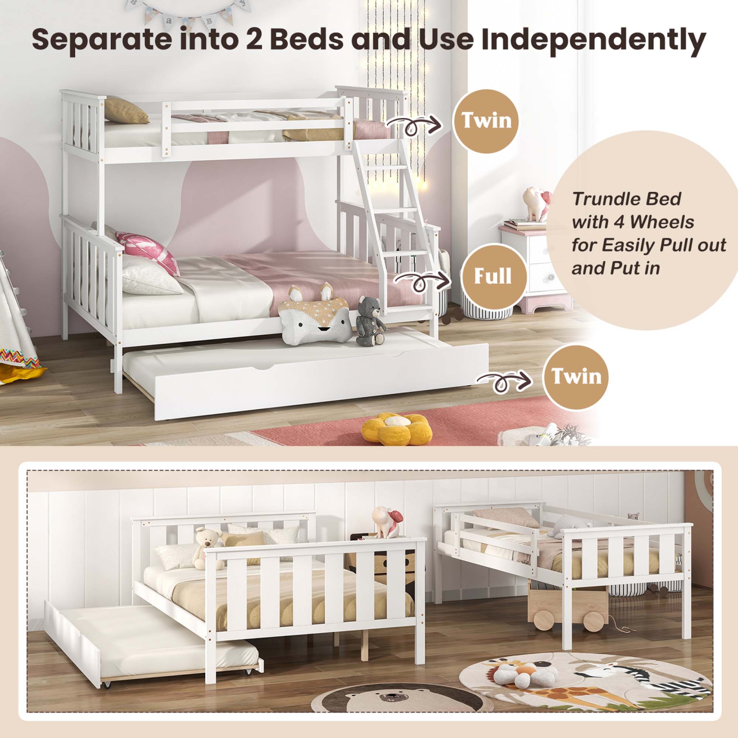 Costway Twin Over Full Bunk Bed with Trundle Ladder Safety Guardrails 3-in-1 Beds