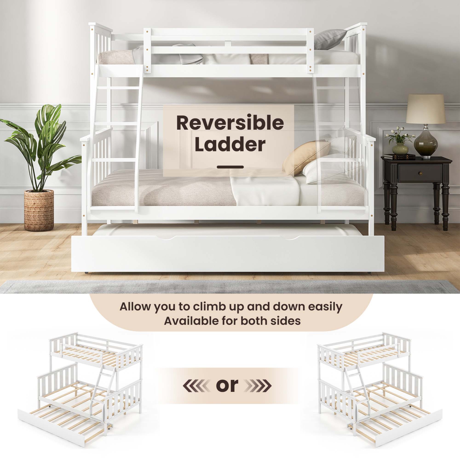 Costway Twin Over Full Bunk Bed with Trundle Ladder Safety Guardrails 3-in-1 Beds