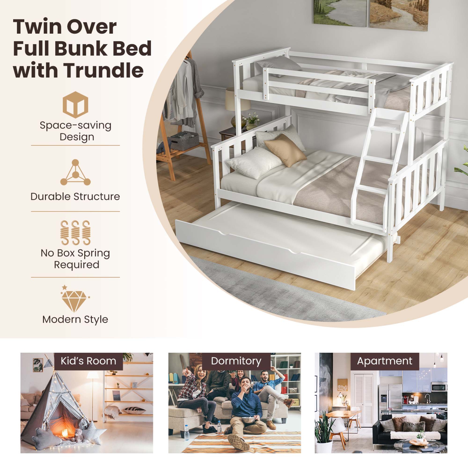 Costway Twin Over Full Bunk Bed with Trundle Ladder Safety Guardrails 3-in-1 Beds