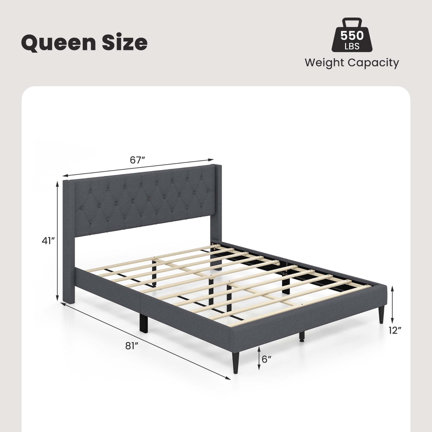Costway Queen Size Upholstered Platform Bed with Button Tufted Wingback Headboard