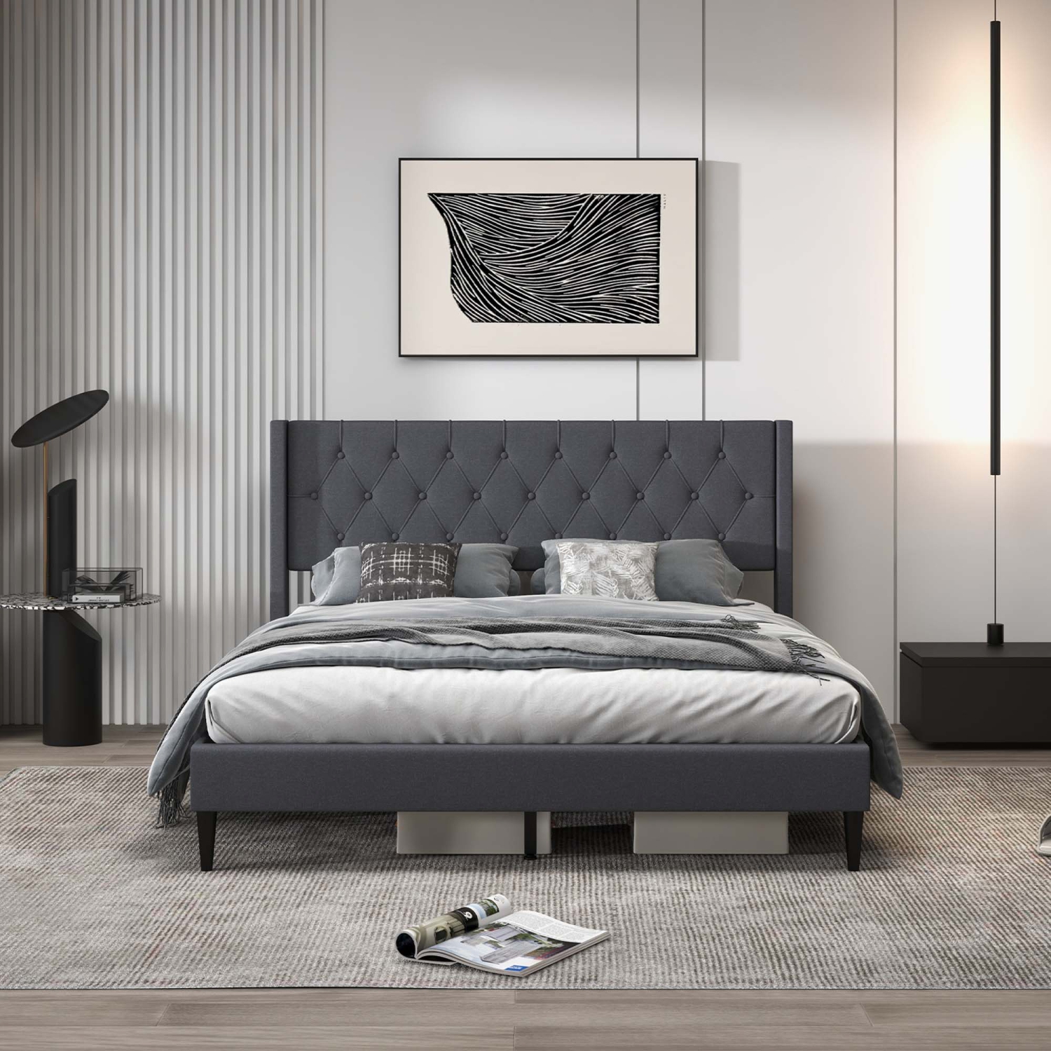 Costway Queen Size Upholstered Platform Bed with Button Tufted Wingback Headboard