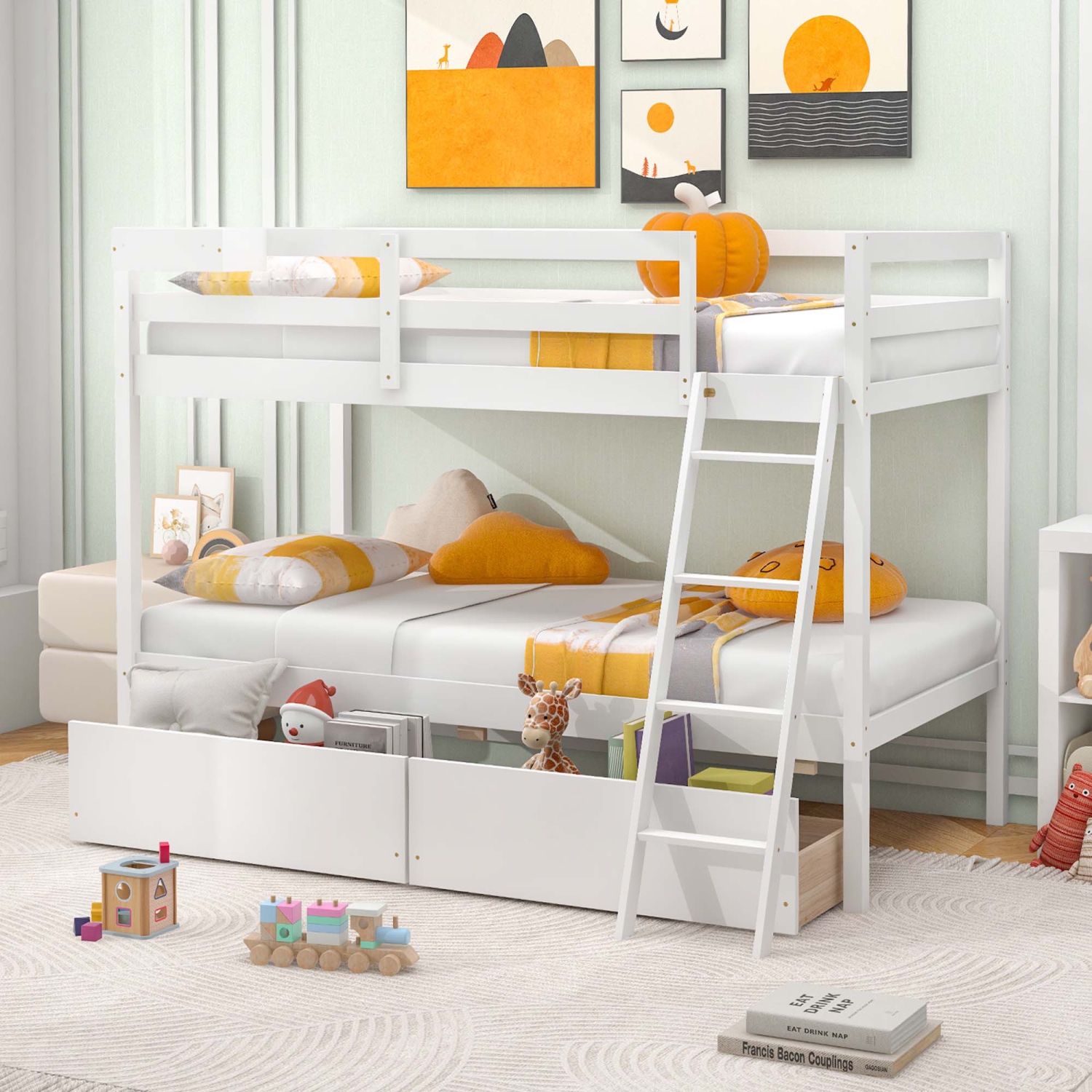 Costway Twin Over Twin Bunk Bed with 2 Storage Drawers Ladder No Box Spring Needed