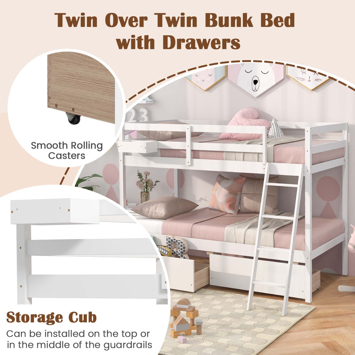 Costway Twin Over Twin Bunk Bed with 2 Storage Drawers Ladder No Box Spring Needed