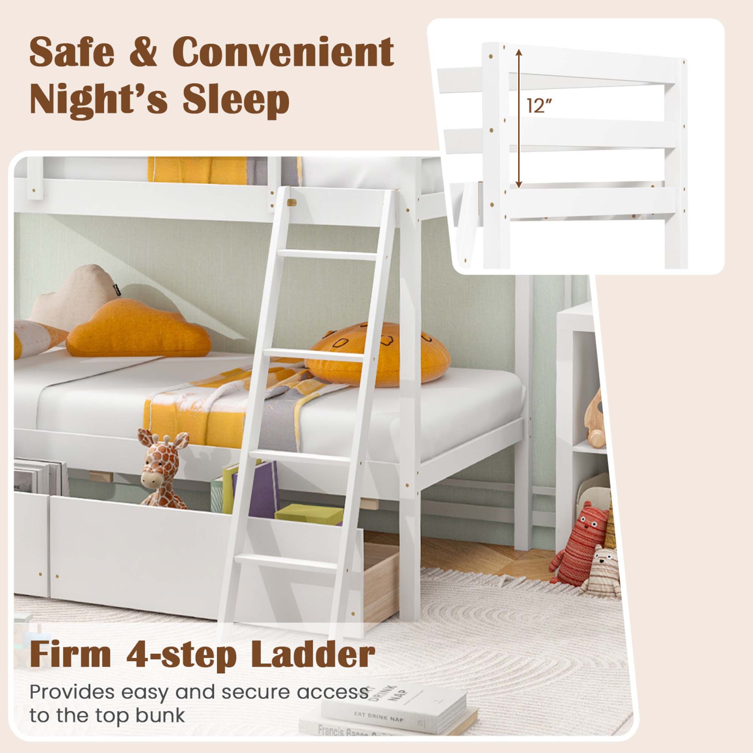 Costway Twin Over Twin Bunk Bed with 2 Storage Drawers Ladder No Box Spring Needed