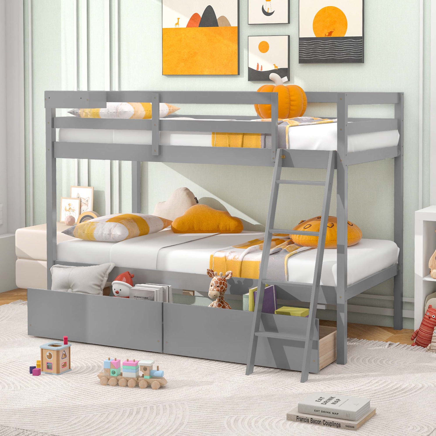 Costway Twin Over Twin Bunk Bed with 2 Storage Drawers Ladder No Box Spring Needed