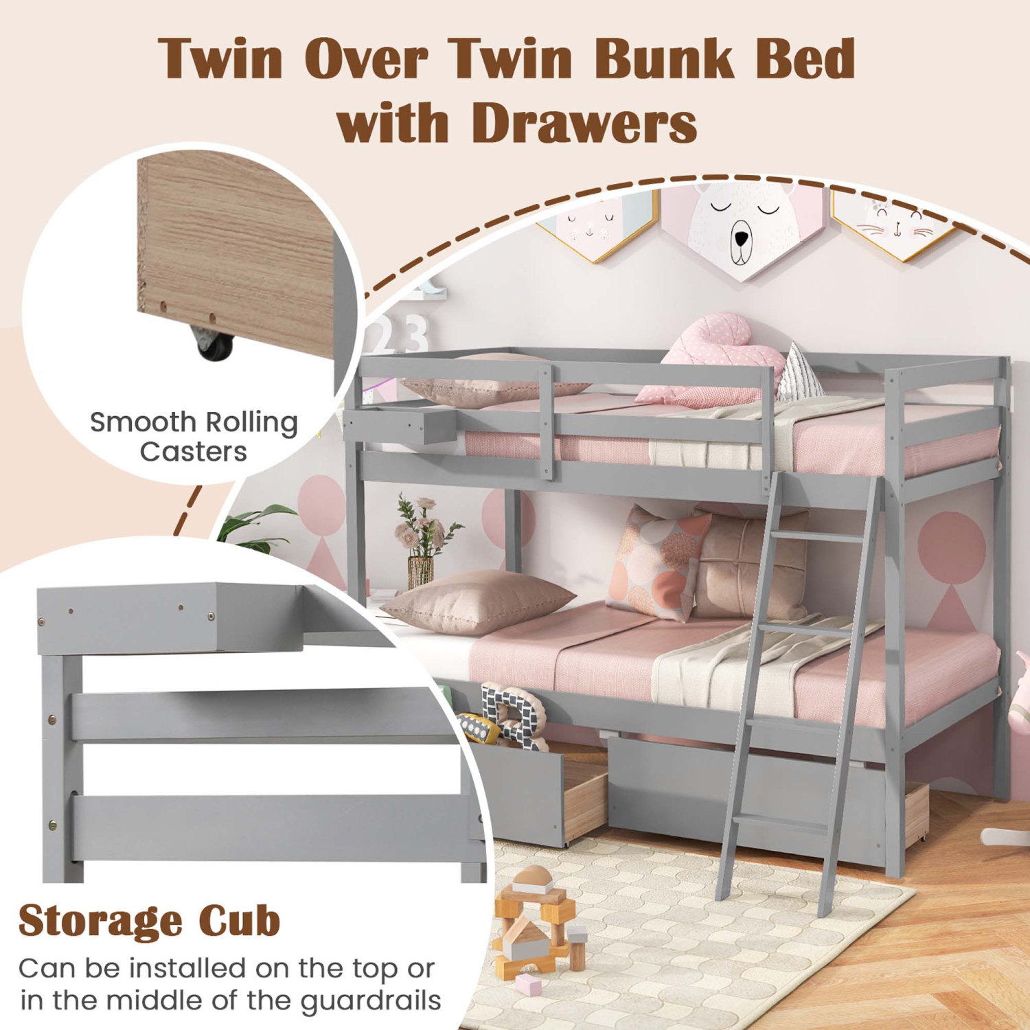 Costway Twin Over Twin Bunk Bed with 2 Storage Drawers Ladder No Box Spring Needed