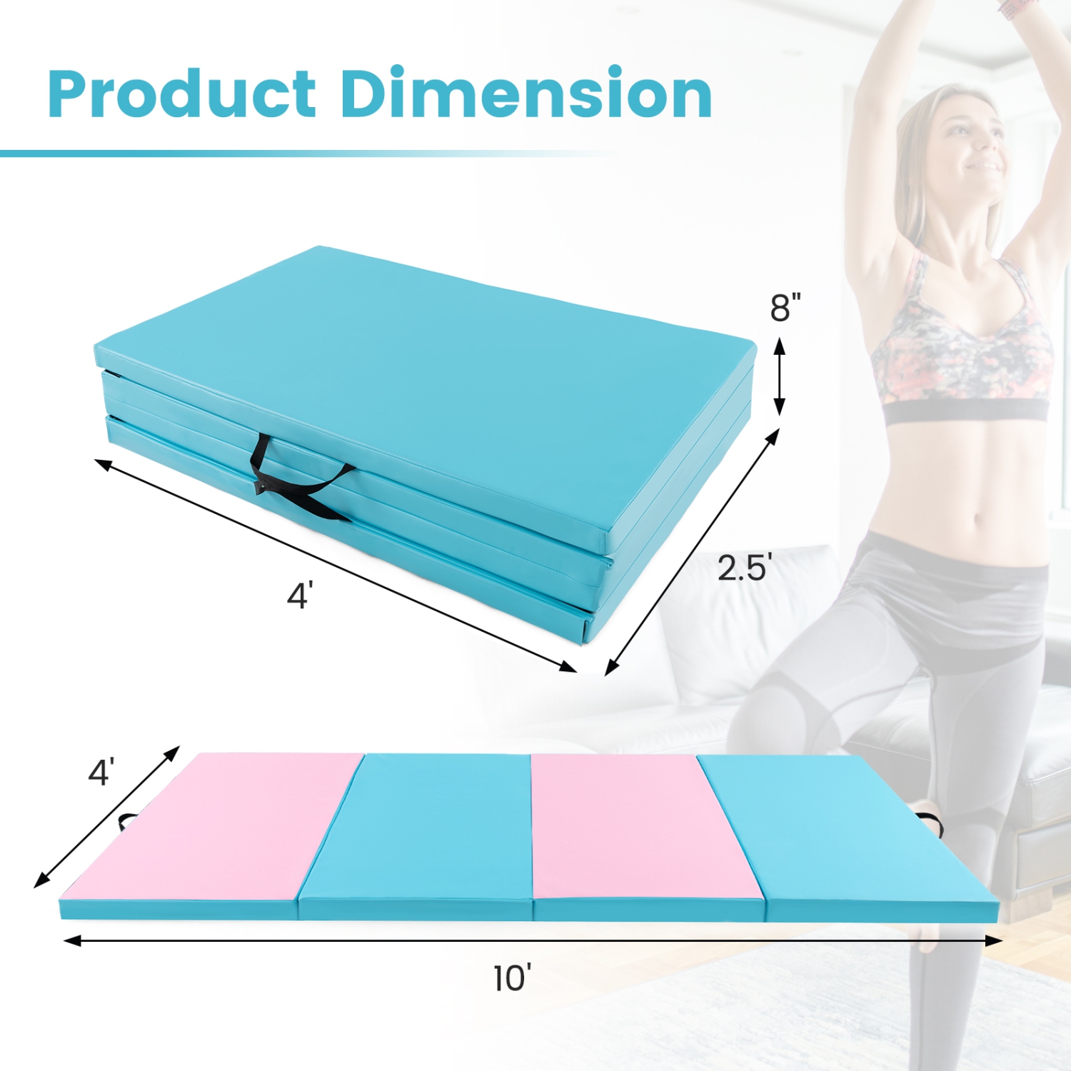 Costway 10' x 4' x 2" 4-Panel Folding Exercise Mat with Carrying Handles for Gym Yoga