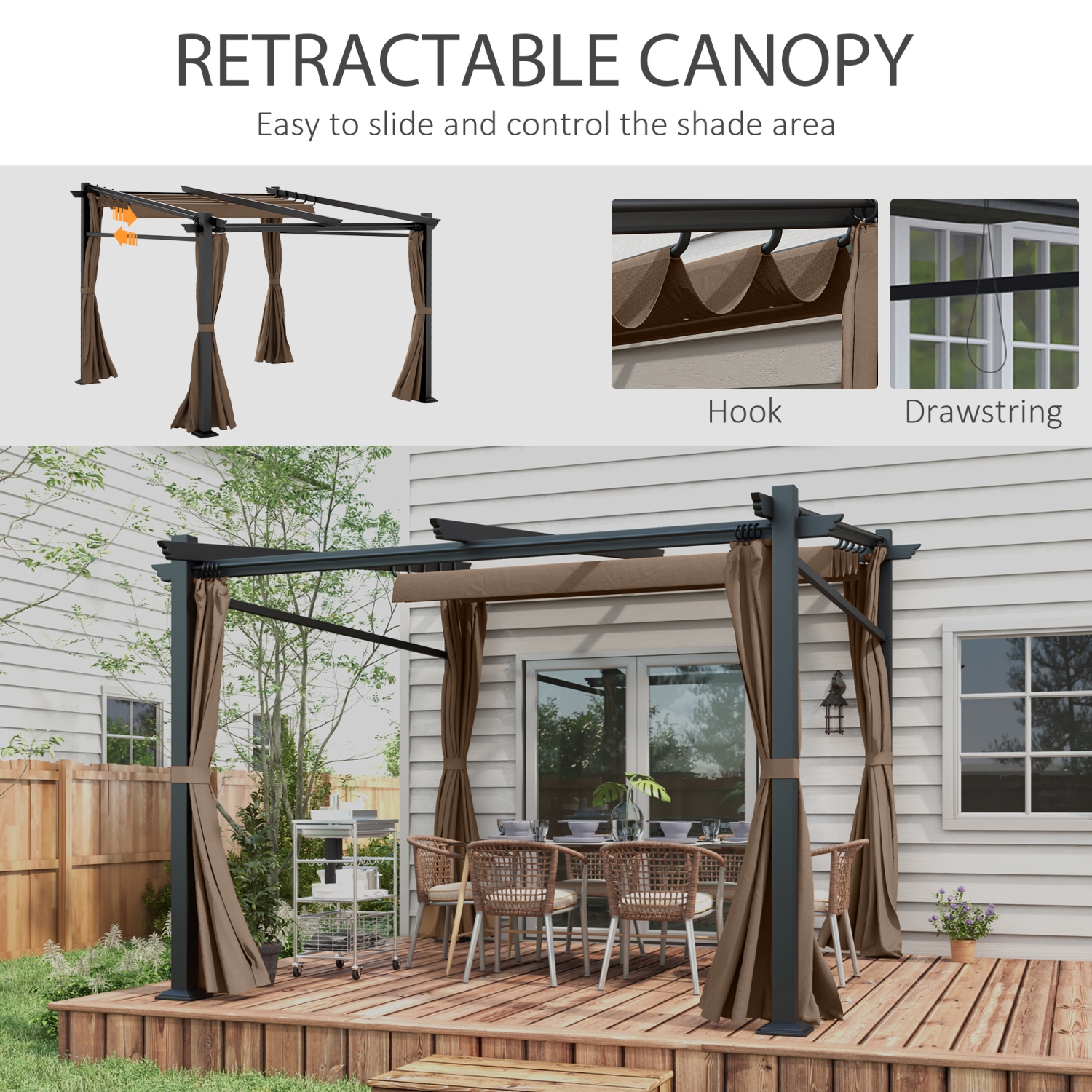 Outsunny 10' x 10' Metal Pergola with Sliding Roof Canopy, Retractable Pergola Canopy for Outdoor, Patio, Coffee