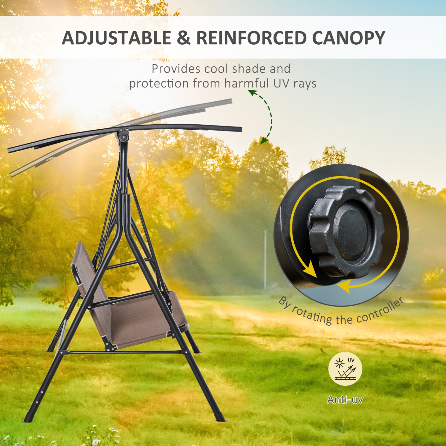 Balancelle de patio pour 2 personnes Outsunny, banc de porche à 2 places avec auvent réglable, siège en filet respirable et cadre en acier pour