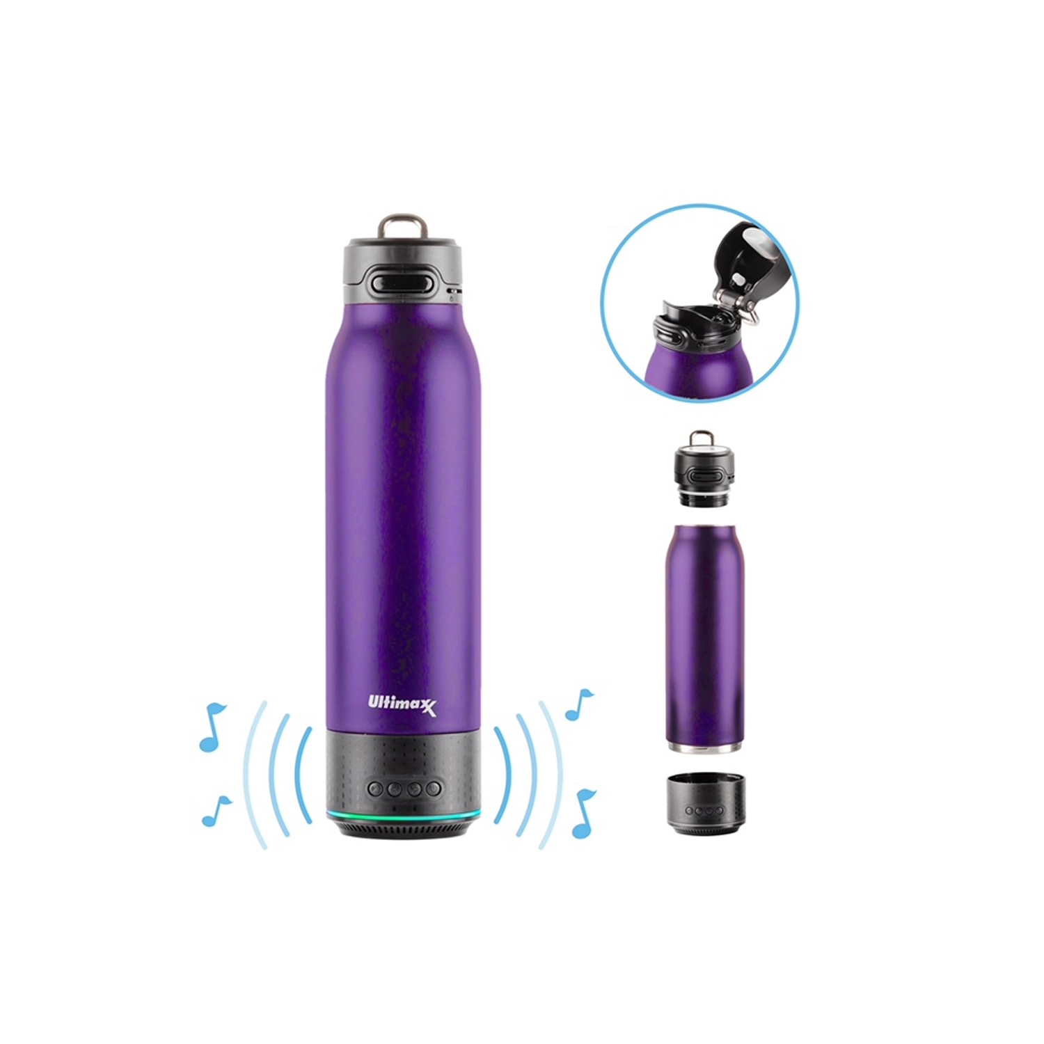 Ultimaxx Vacuum Insulated Premium Water Bottle w/Rechargeable Bluetooth Speaker - Steel Double Wall + Lights - DEEP PURPLE