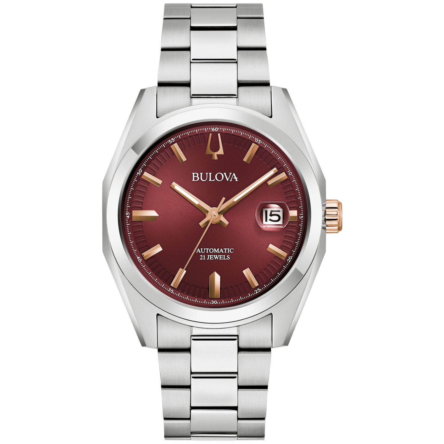 Montre automatique pour hommes Surveyor 39&nbsp;mm de Bulova avec boîtier et bracelet en acier inoxydable argenté et cadran bourgogne
