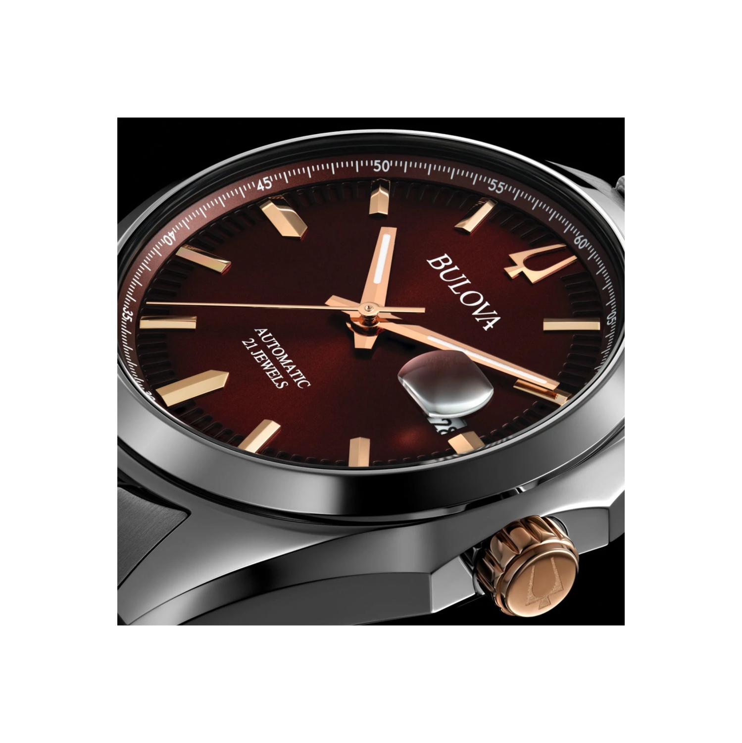 Montre automatique pour hommes Surveyor 39&nbsp;mm de Bulova avec boîtier et bracelet en acier inoxydable argenté et cadran bourgogne