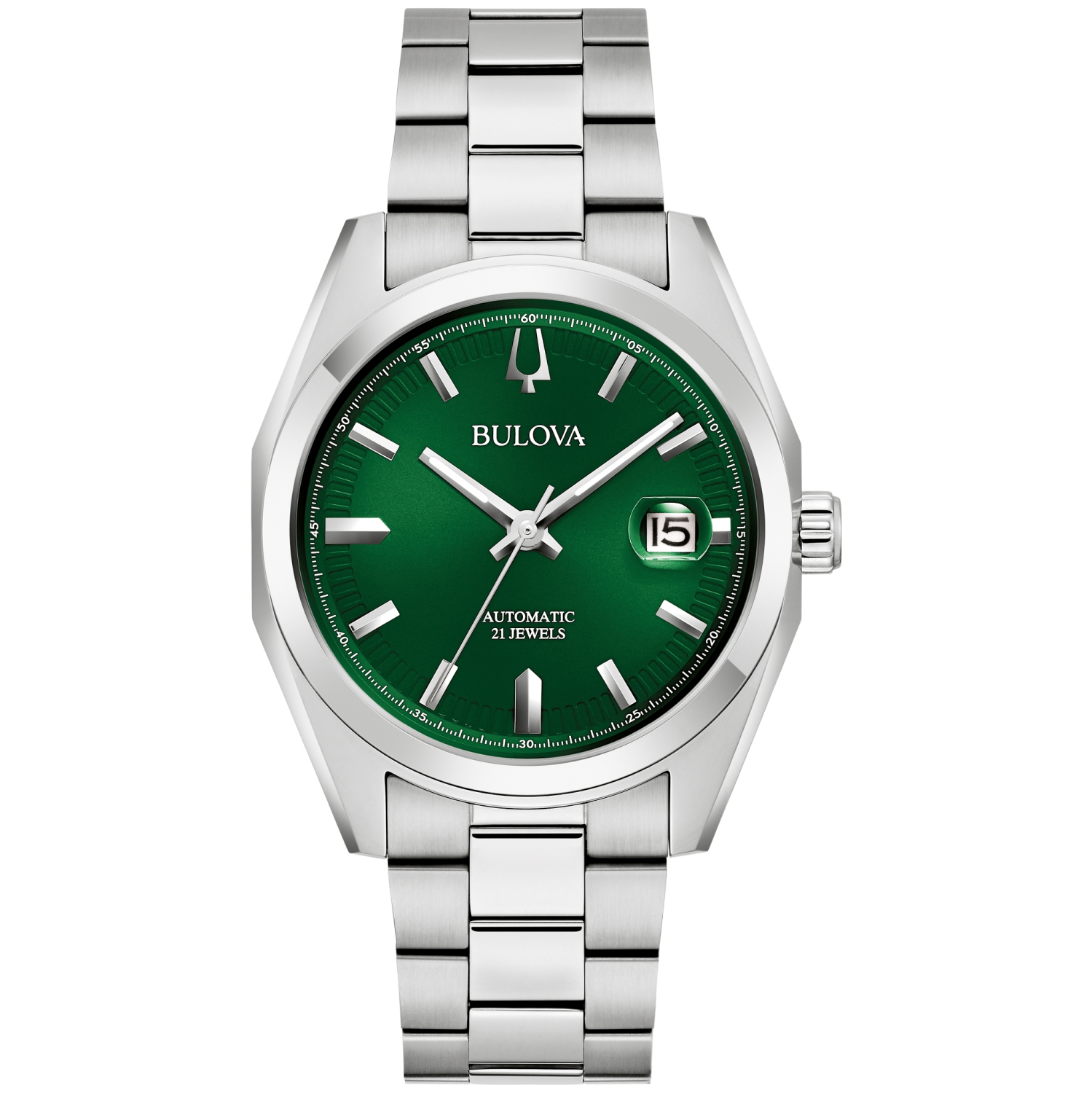 Montre automatique pour hommes Surveyor 39&nbsp;mm de Bulova avec boîtier et bracelet en acier inoxydable argenté et cadran vert