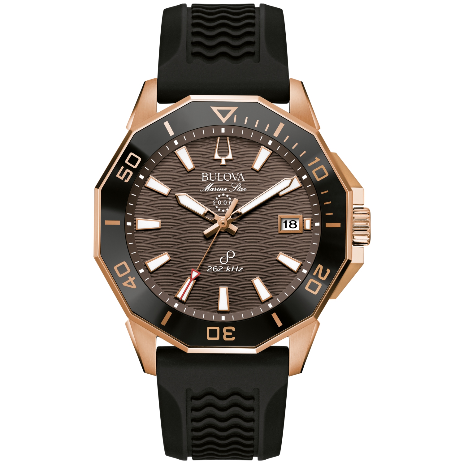 Bulova Mens Marine Star Precisionist Watch 43mm Rose Gold-Tone Stainless Steel Case Black Silicone Strap with Brown Dial
