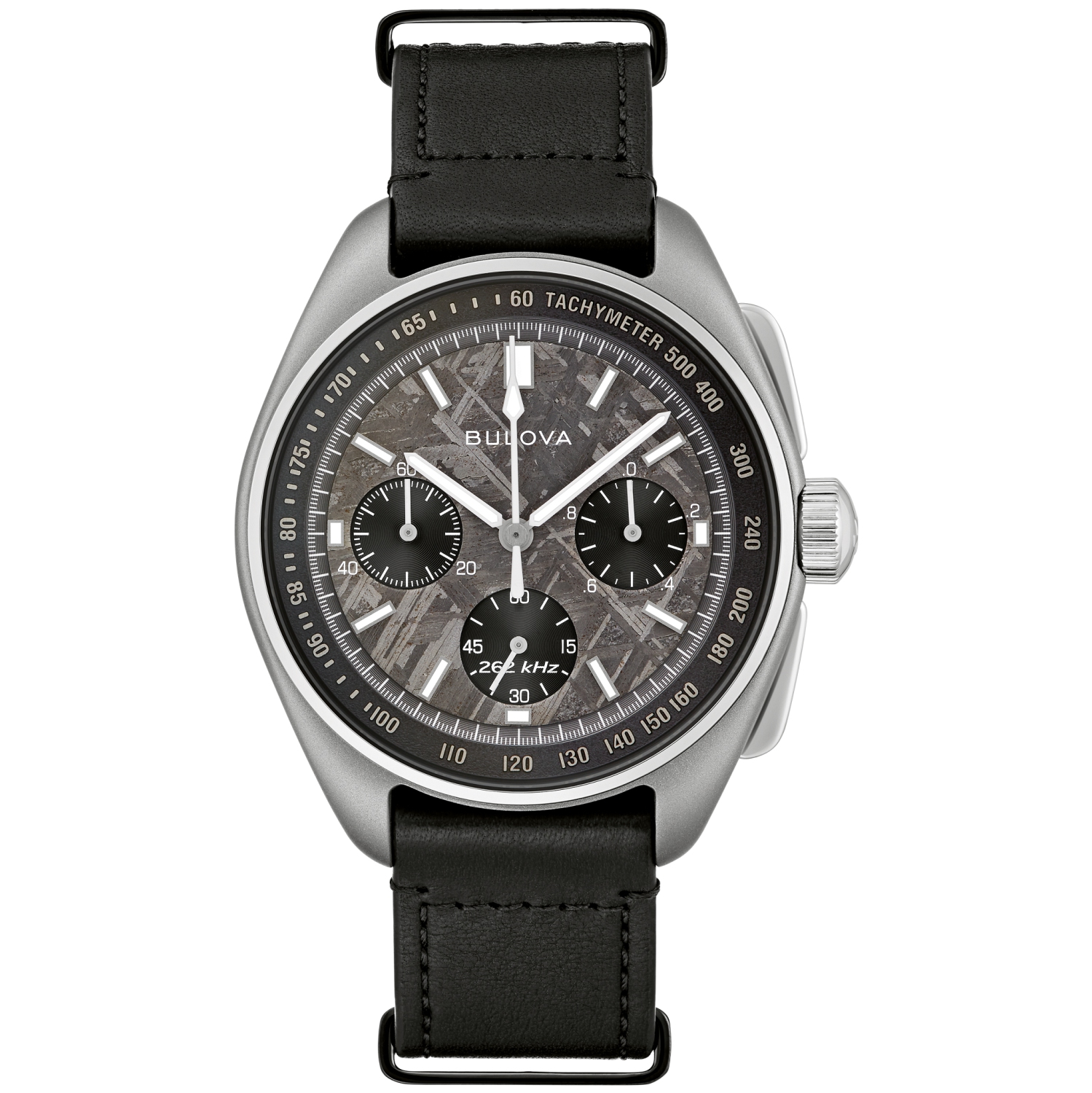 Bulova Mens Lunar Pilot Meteorite Limited Edition HPQ Watch 43.5mm Stainless Steel & Titanium Case Black Leather Strap with Grey Dial (96A312)