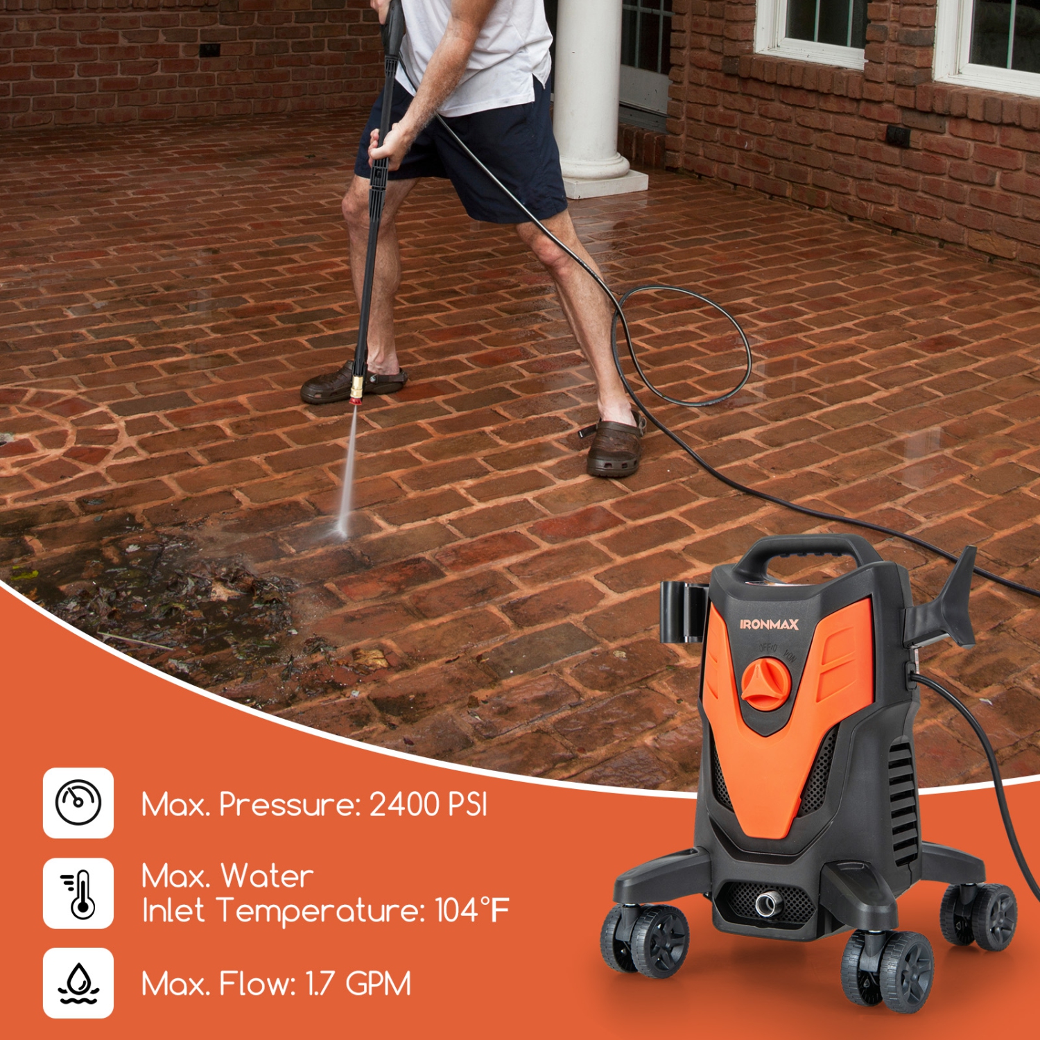 Ironmax 2400 PSI High Pressure Cleaner Machine Electric Pressure Washer with 4 Wheels