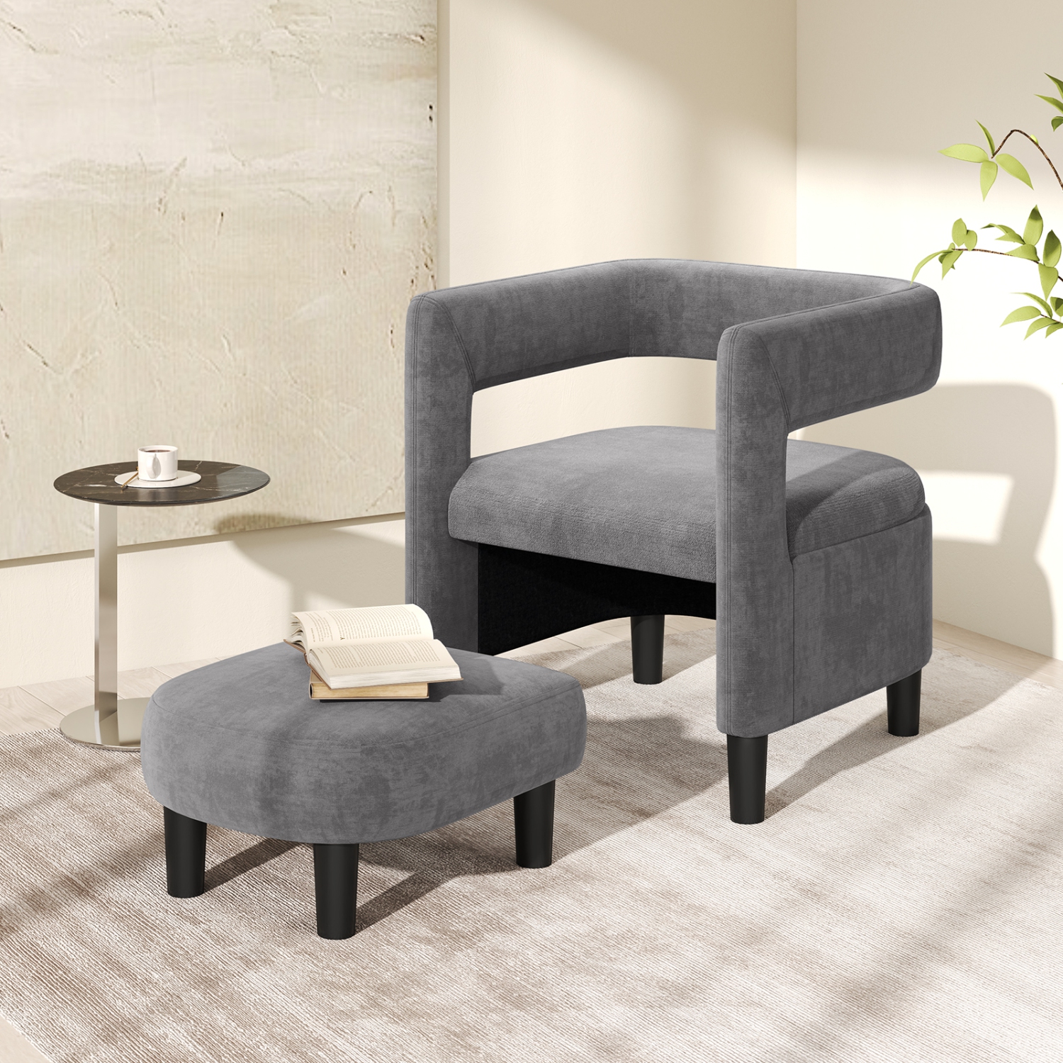 Costway Comfy Accent Armchair with Footrest Upholstered Velvet Barrel Chair & Ottoman Set