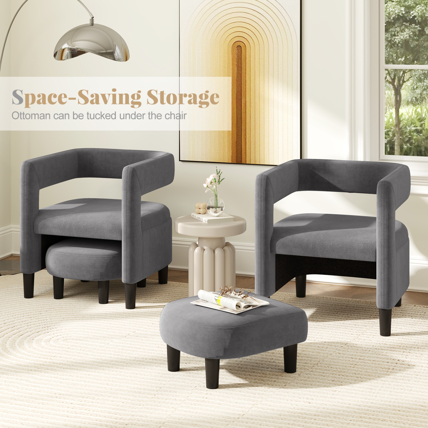 Costway Comfy Accent Armchair with Footrest Upholstered Velvet Barrel Chair & Ottoman Set