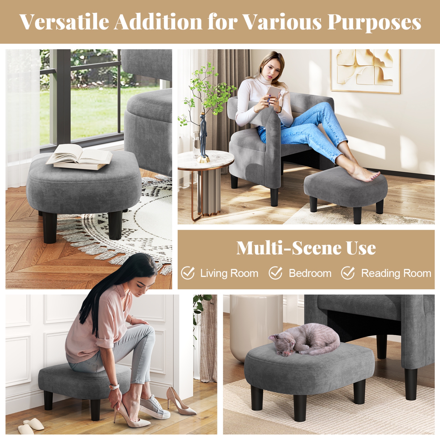 Costway Comfy Accent Armchair with Footrest Upholstered Velvet Barrel Chair & Ottoman Set