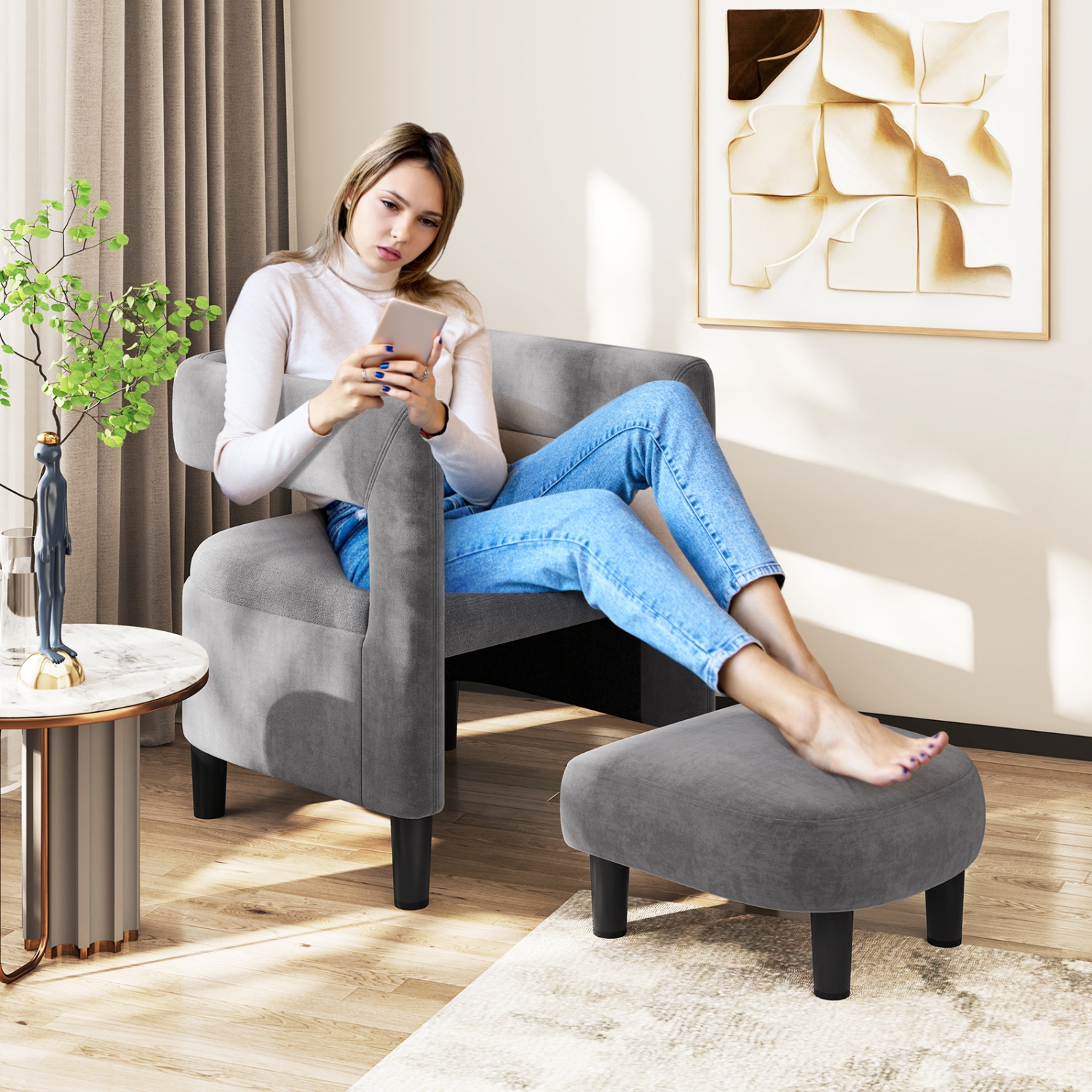 Costway Comfy Accent Armchair with Footrest Upholstered Velvet Barrel Chair & Ottoman Set