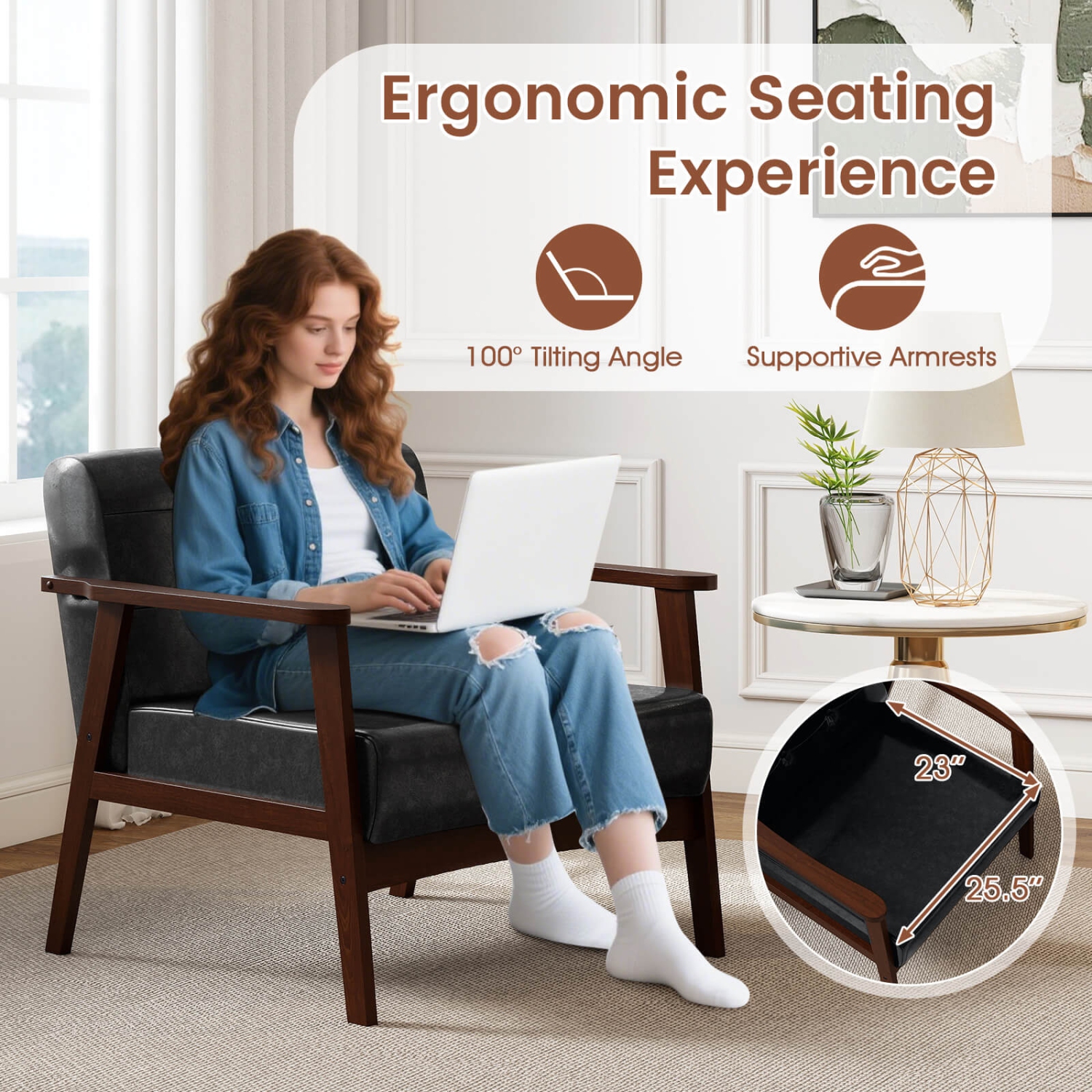 Costway Mid Century Accent Chair Tufted Reading Armchair Solid Rubber Wood