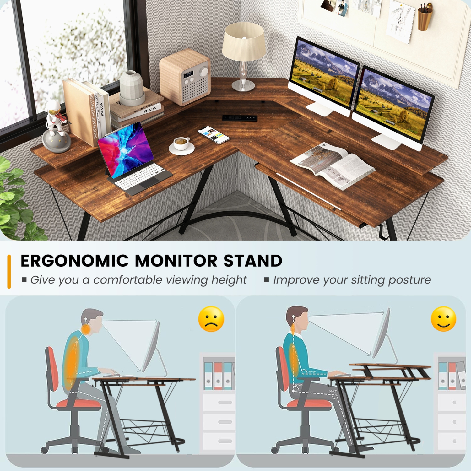 Costway L-shaped Computer Desk with Power Outlet 51" Corner Computer Workstation