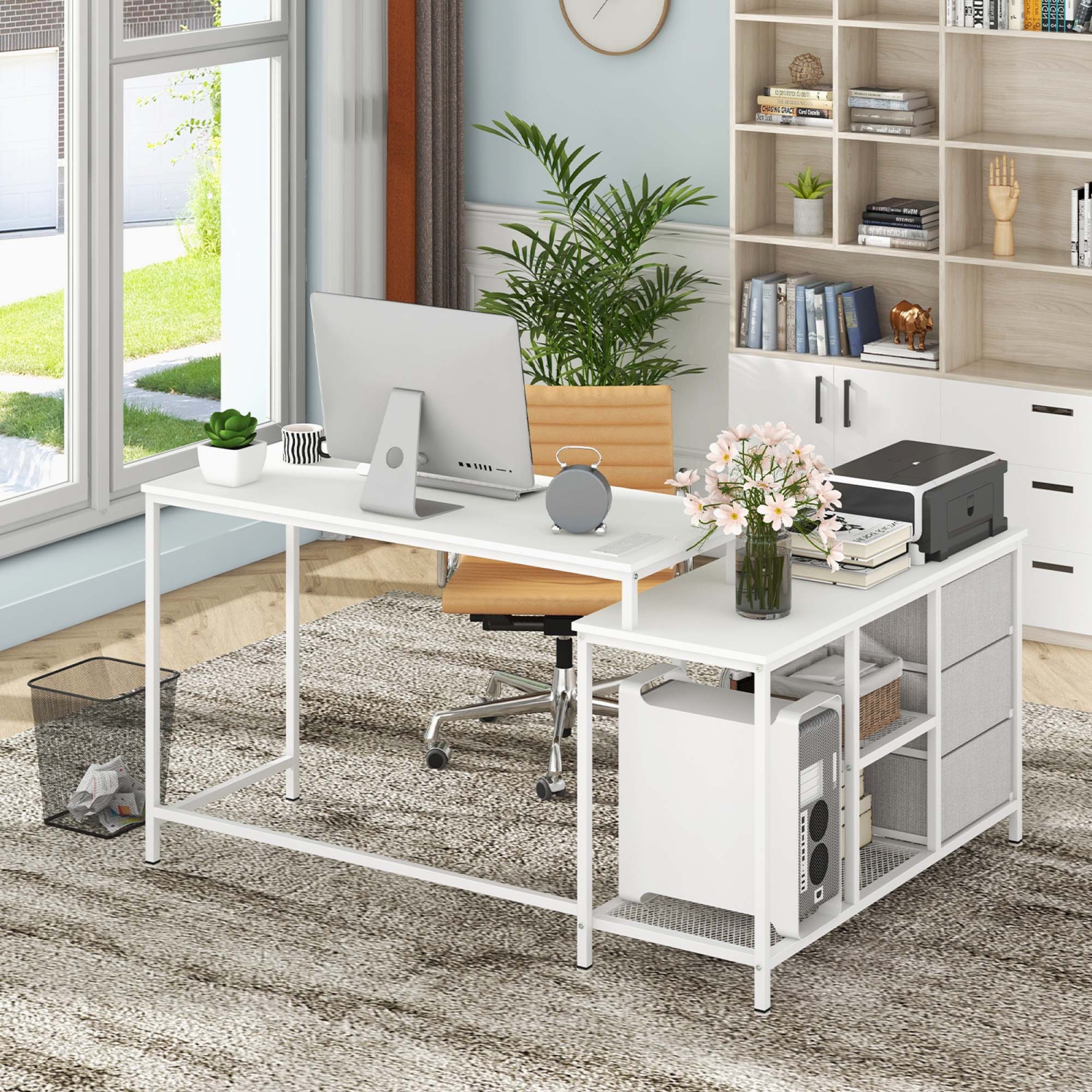 Costway L-shaped Computer Desk with Power Outlet, Drawers, Metal Mesh Shelves