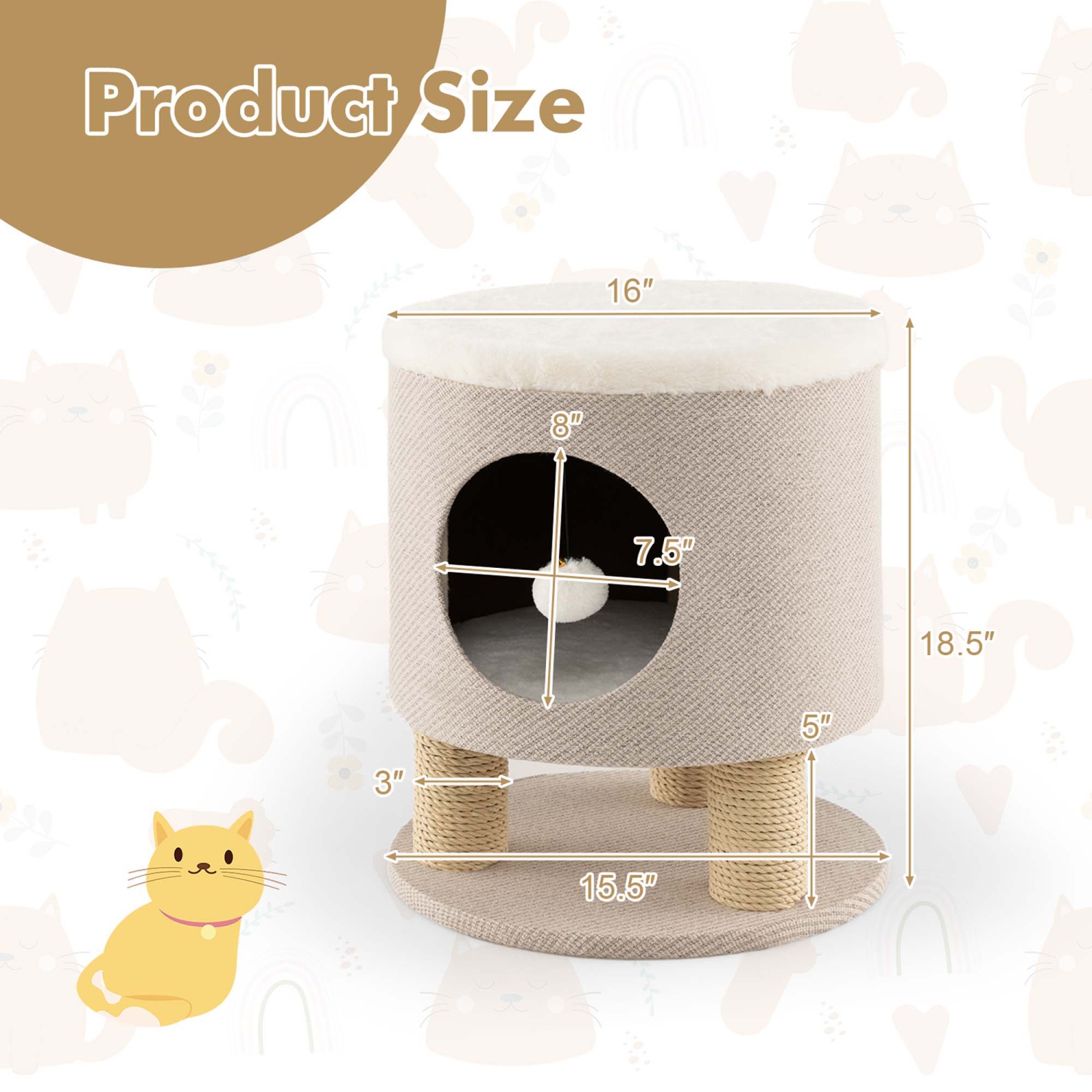 Costway 3-IN-1 Cat Condo Stool Kitty Bed with Scratching Posts & Plush Ball Toy