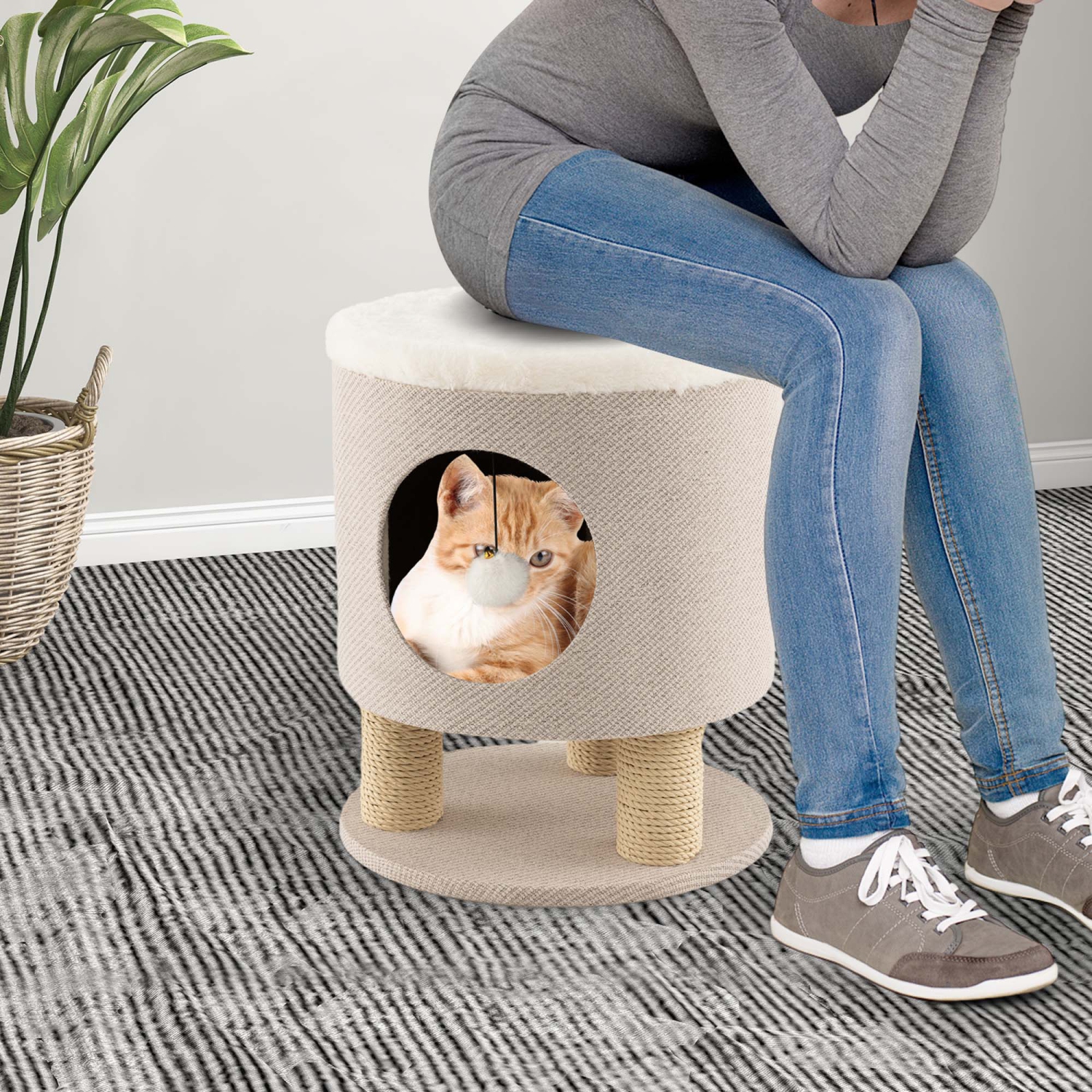 Costway 3-IN-1 Cat Condo Stool Kitty Bed with Scratching Posts & Plush Ball Toy