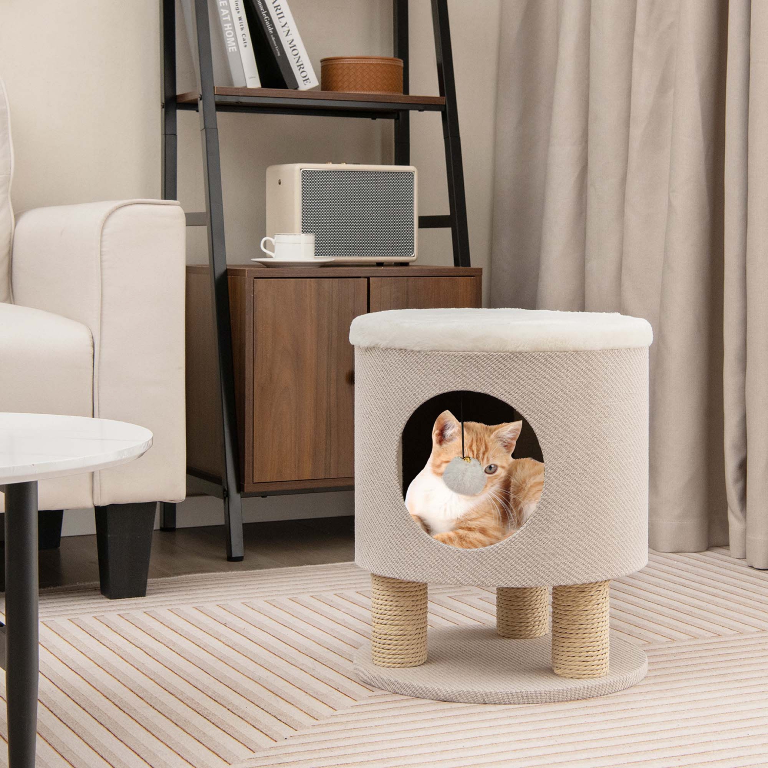 Costway 3-IN-1 Cat Condo Stool Kitty Bed with Scratching Posts & Plush Ball Toy