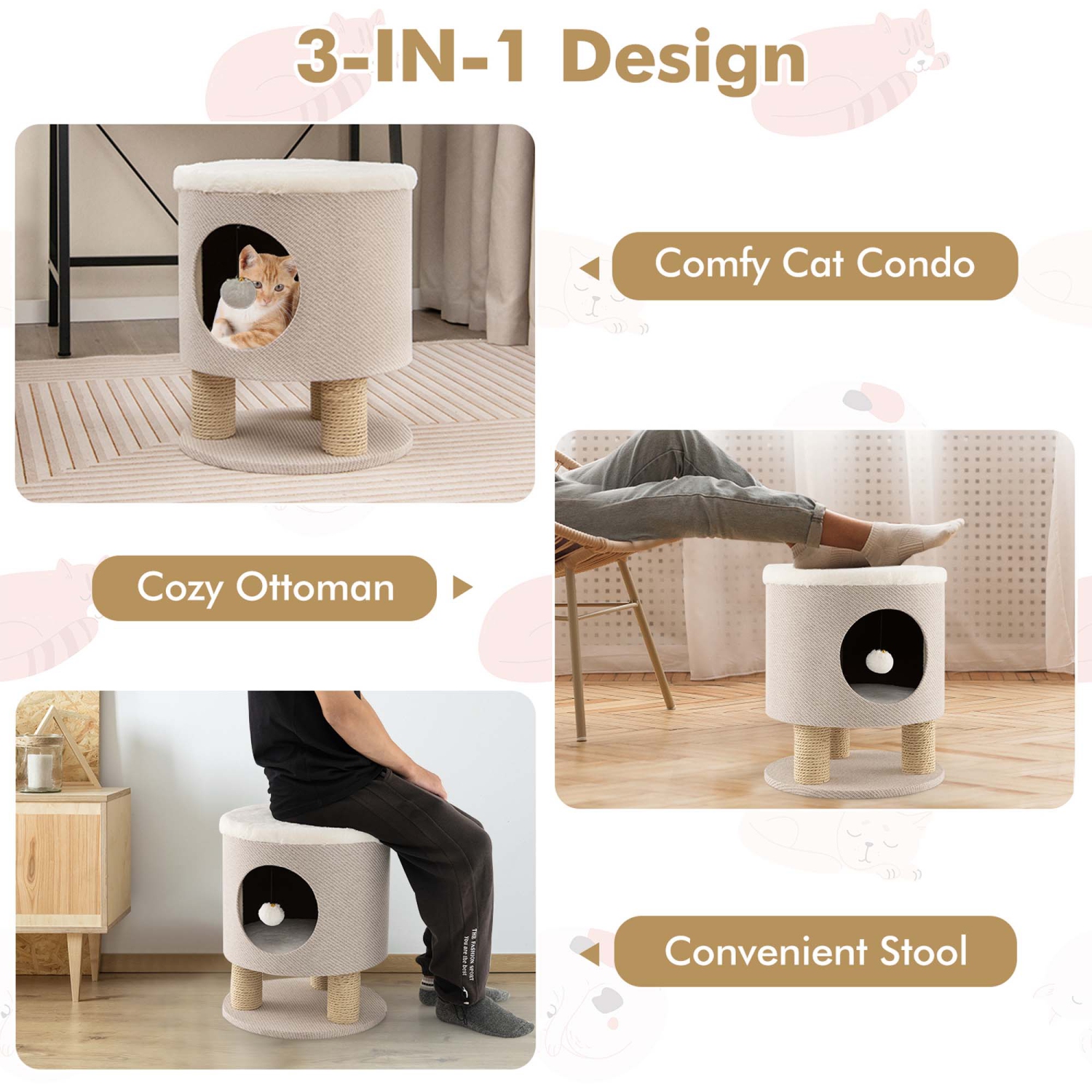 Costway 3-IN-1 Cat Condo Stool Kitty Bed with Scratching Posts & Plush Ball Toy