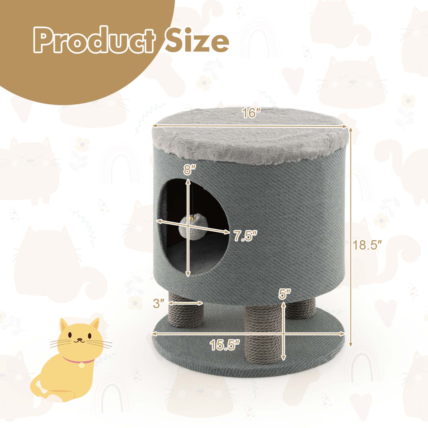 Costway 3-IN-1 Cat Condo Stool Kitty Bed with Scratching Posts & Plush Ball Toy