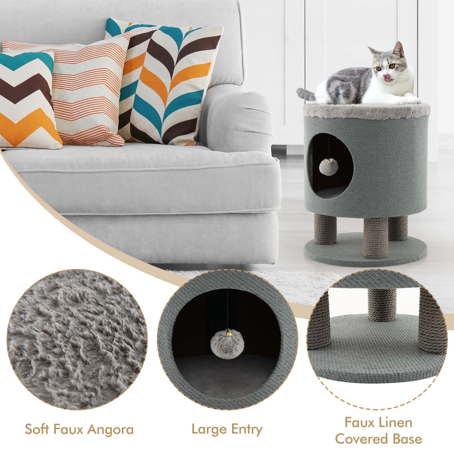 Costway 3-IN-1 Cat Condo Stool Kitty Bed with Scratching Posts & Plush Ball Toy