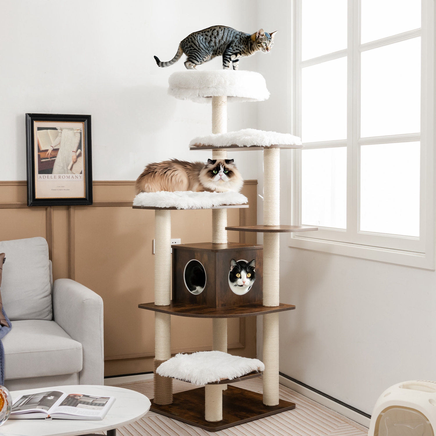 Costway Wooden Cat Tree 71" 7-Layer Cat Tower with Sisal Scratching Posts Perch & Cushions