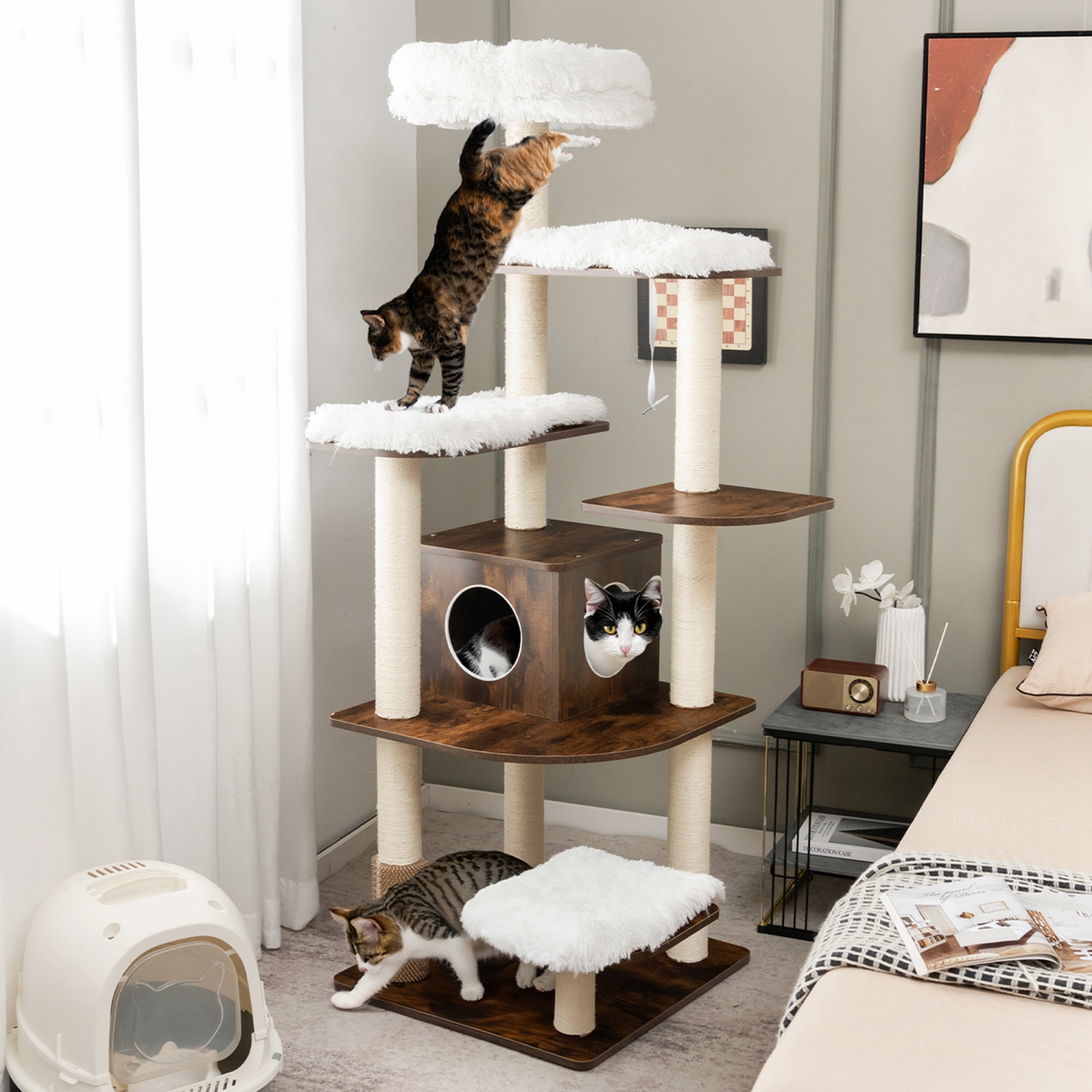 Costway Wooden Cat Tree 71" 7-Layer Cat Tower with Sisal Scratching Posts Perch & Cushions
