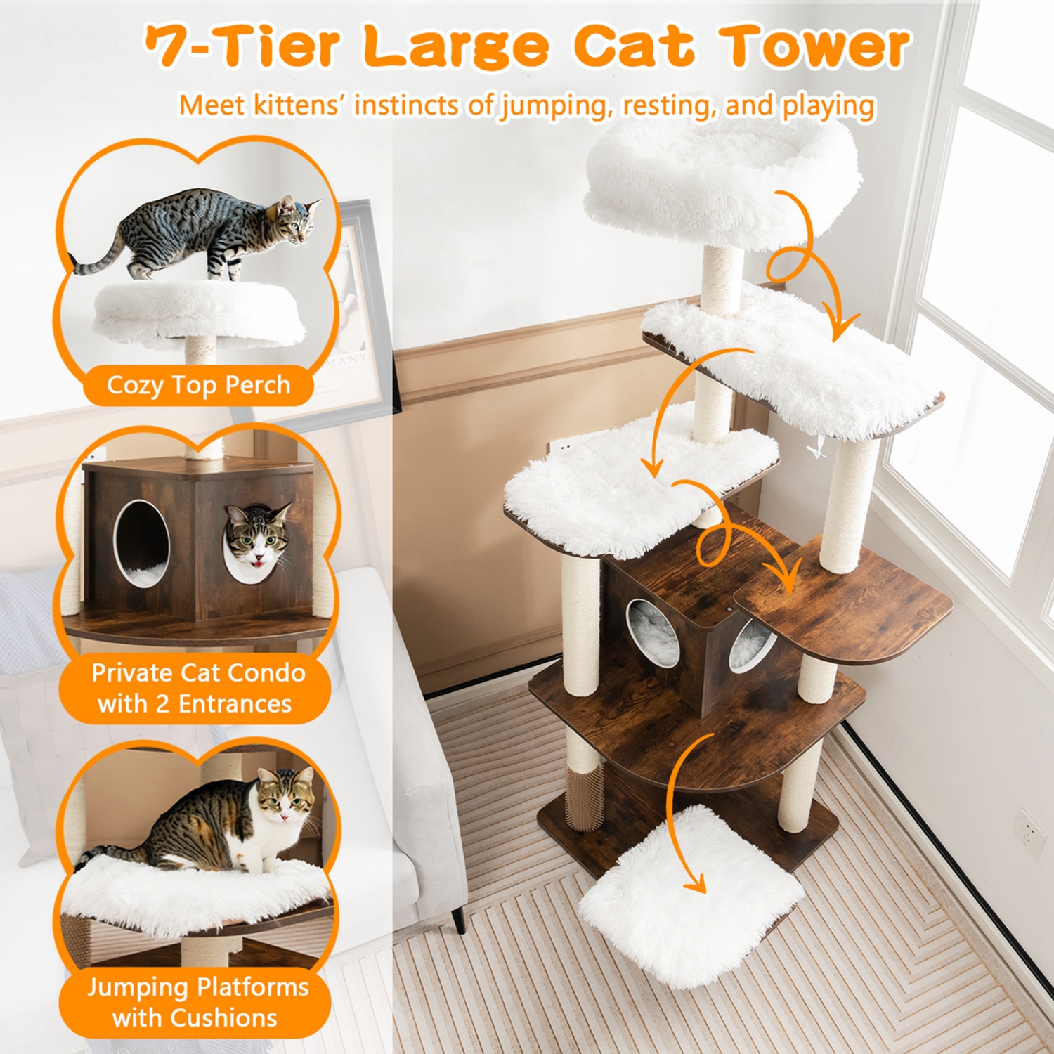 Costway Wooden Cat Tree 71" 7-Layer Cat Tower with Sisal Scratching Posts Perch & Cushions