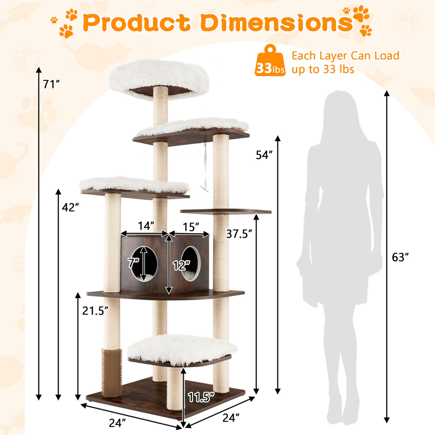 Costway Wooden Cat Tree 71" 7-Layer Cat Tower with Sisal Scratching Posts Perch & Cushions