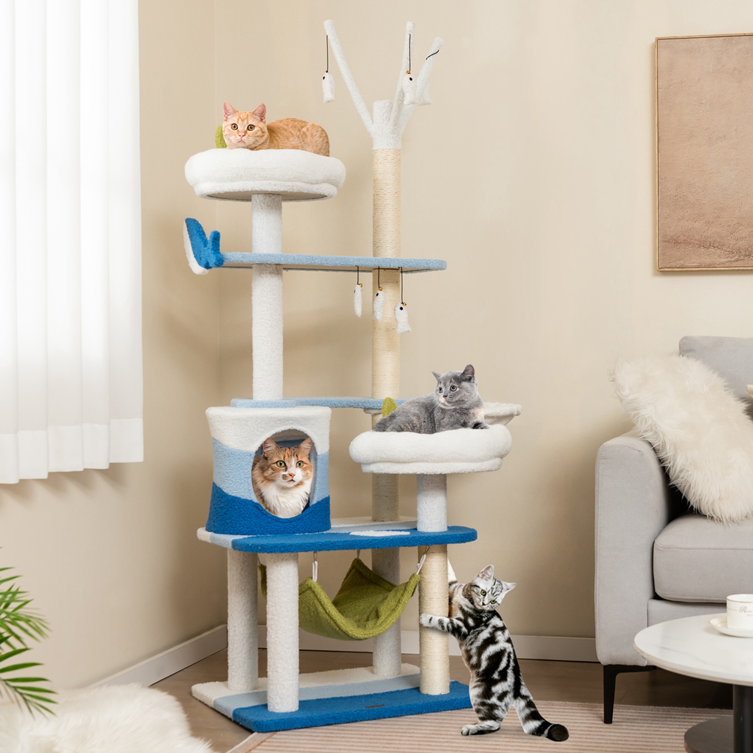 Petsite Ocean-themed Cat Tree with Sisal Covered Scratching Posts Condo Perch Indoor Tower