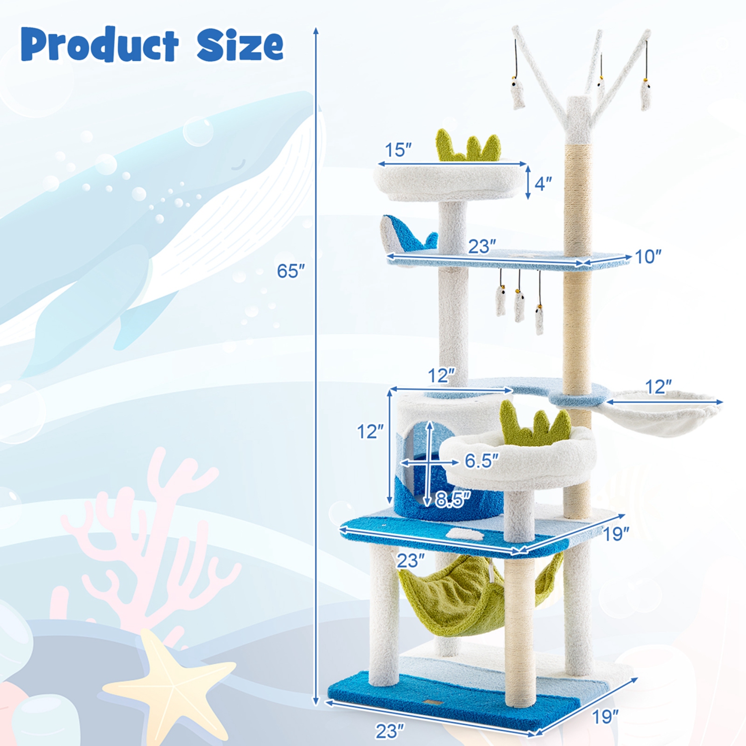 Petsite Ocean-themed Cat Tree with Sisal Covered Scratching Posts Condo Perch Indoor Tower