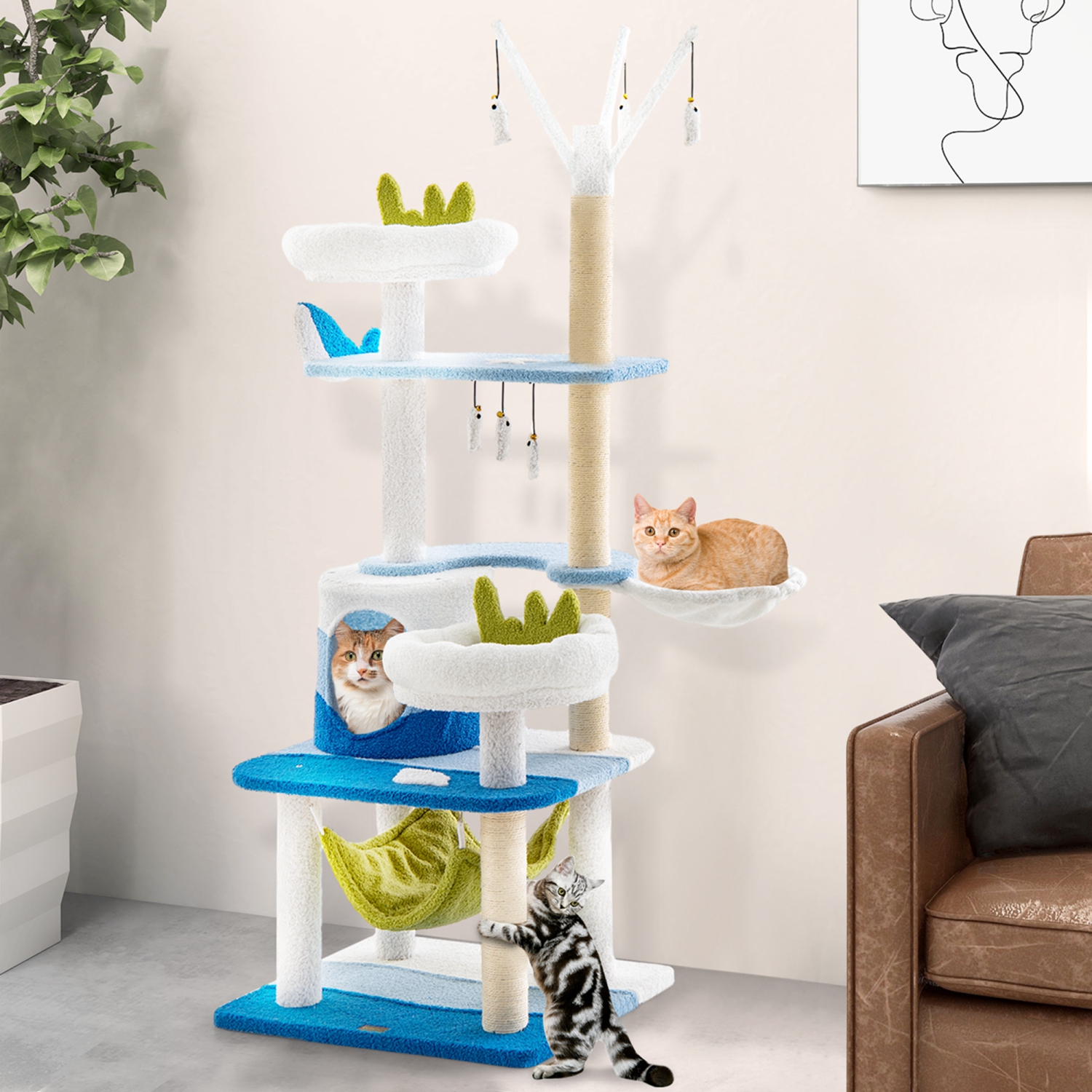 Petsite Ocean-themed Cat Tree with Sisal Covered Scratching Posts Condo Perch Indoor Tower