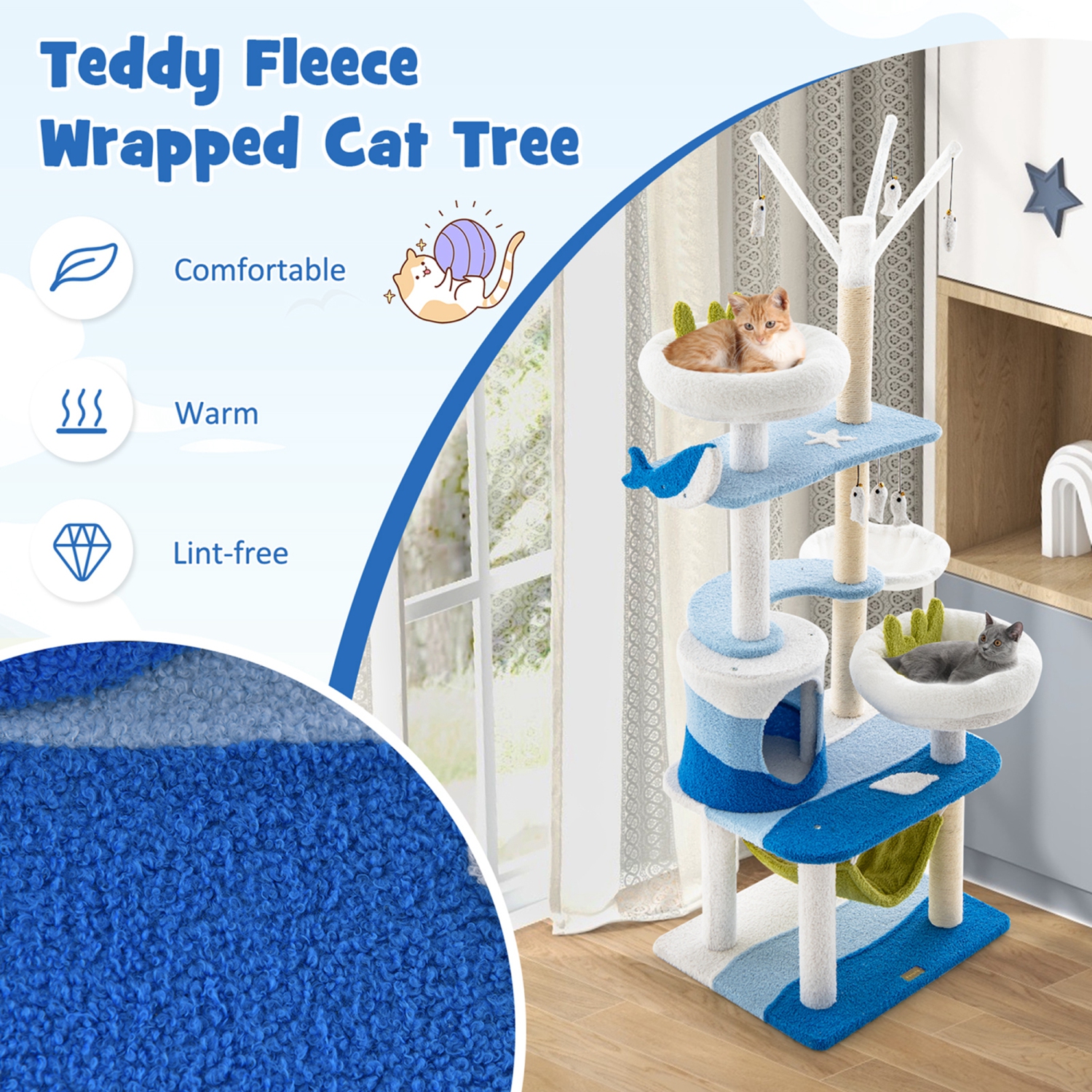 Petsite Ocean-themed Cat Tree with Sisal Covered Scratching Posts Condo Perch Indoor Tower