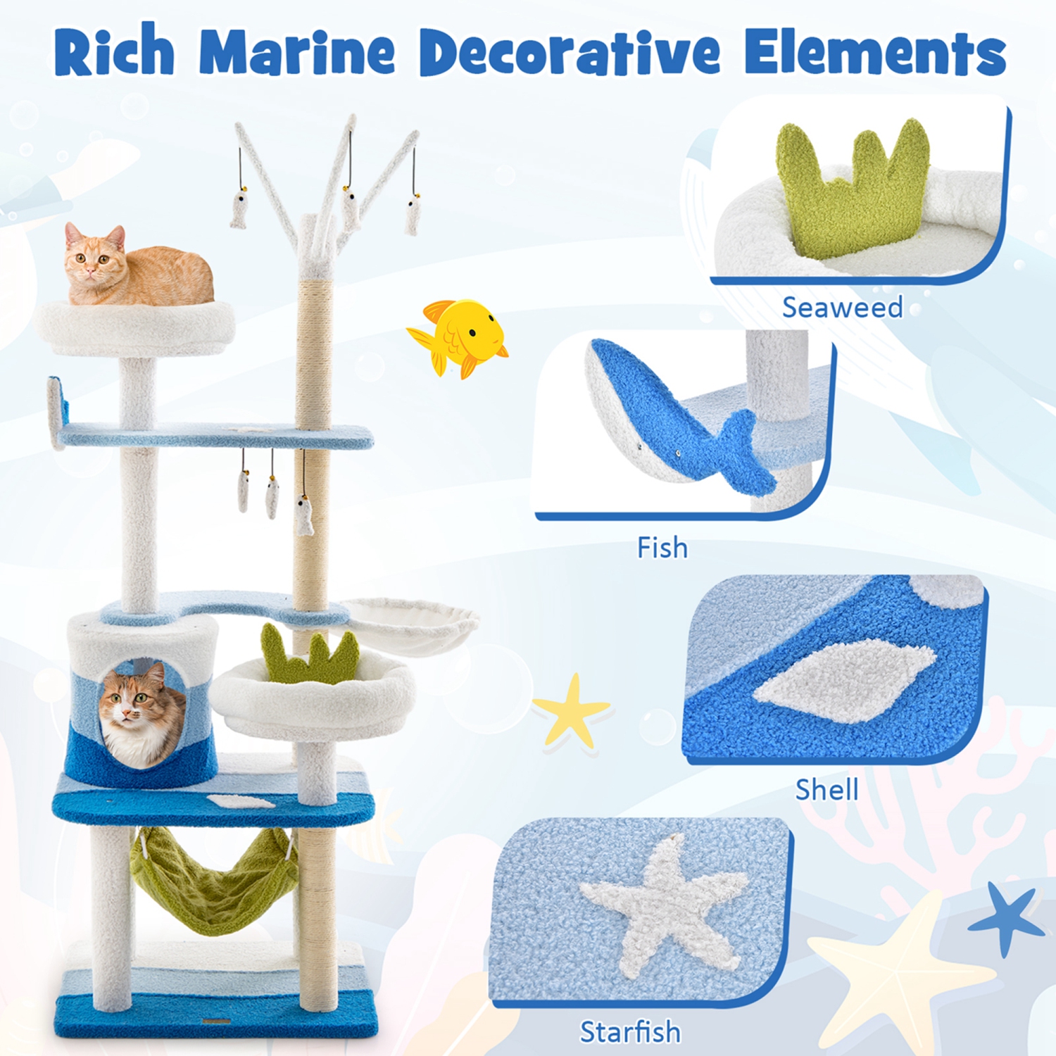 Petsite Ocean-themed Cat Tree with Sisal Covered Scratching Posts Condo Perch Indoor Tower