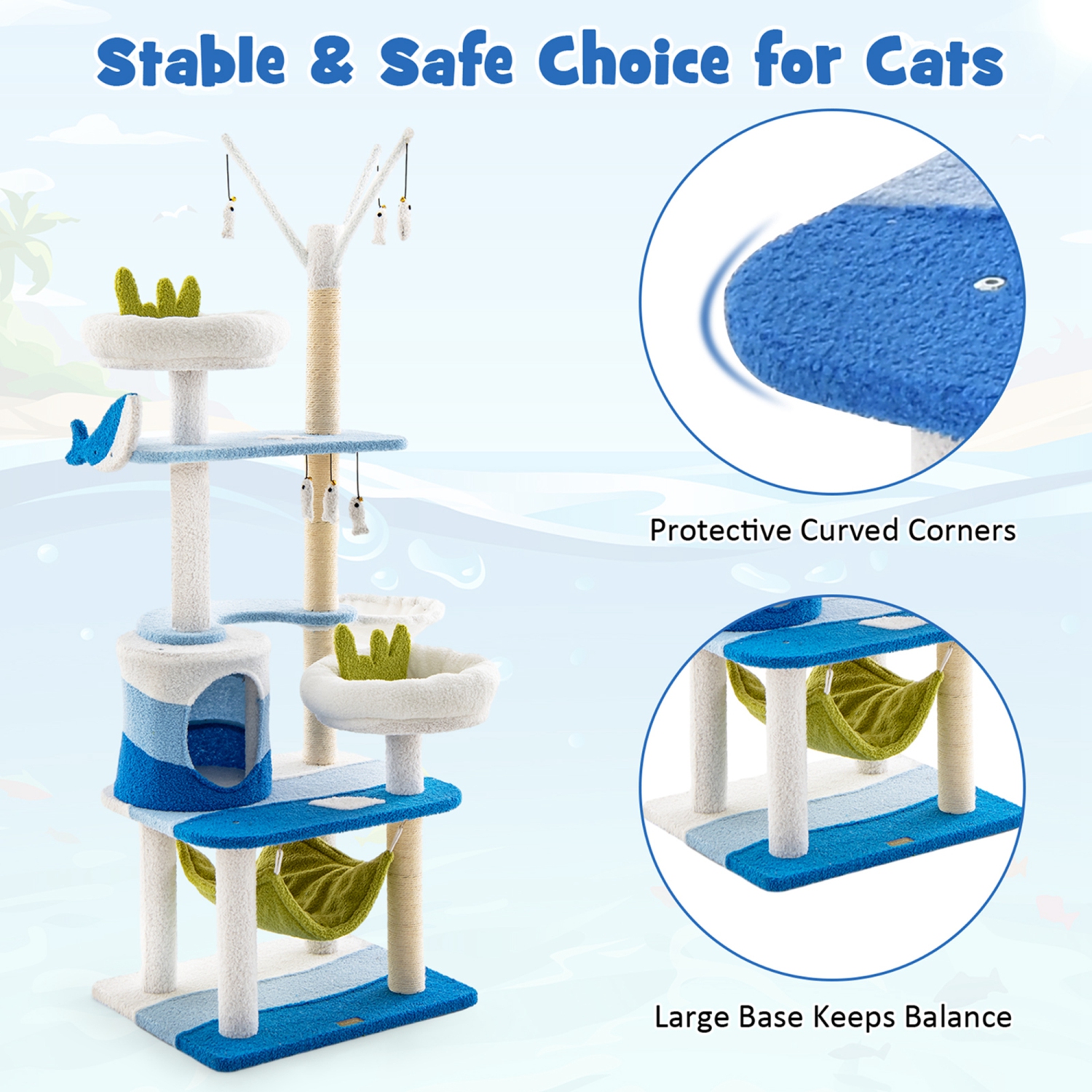 Petsite Ocean-themed Cat Tree with Sisal Covered Scratching Posts Condo Perch Indoor Tower