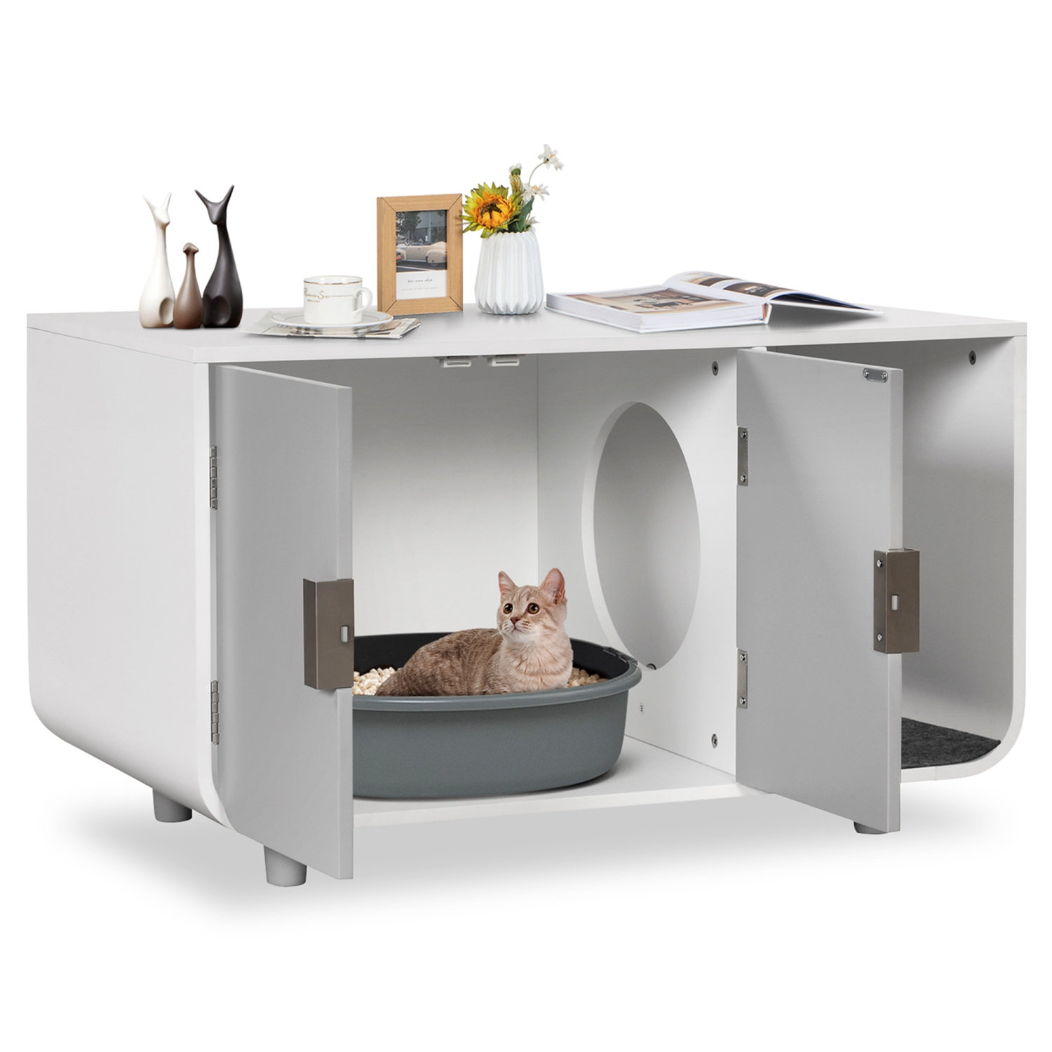 Costway Cat Litter Box Enclosure Furniture Hidden Cat Washroom with Rubber Wood Legs