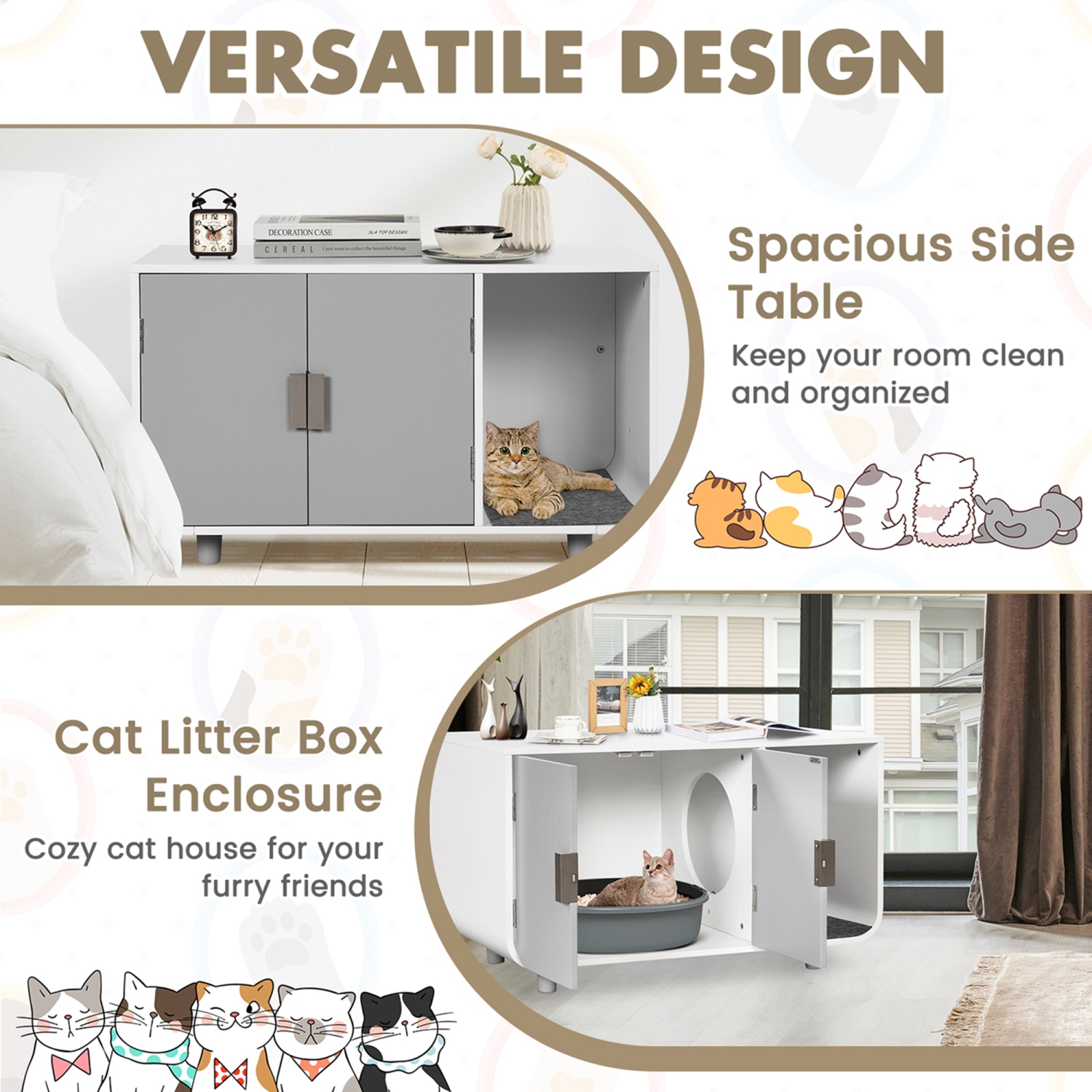 Costway Cat Litter Box Enclosure Furniture Hidden Cat Washroom with Rubber Wood Legs