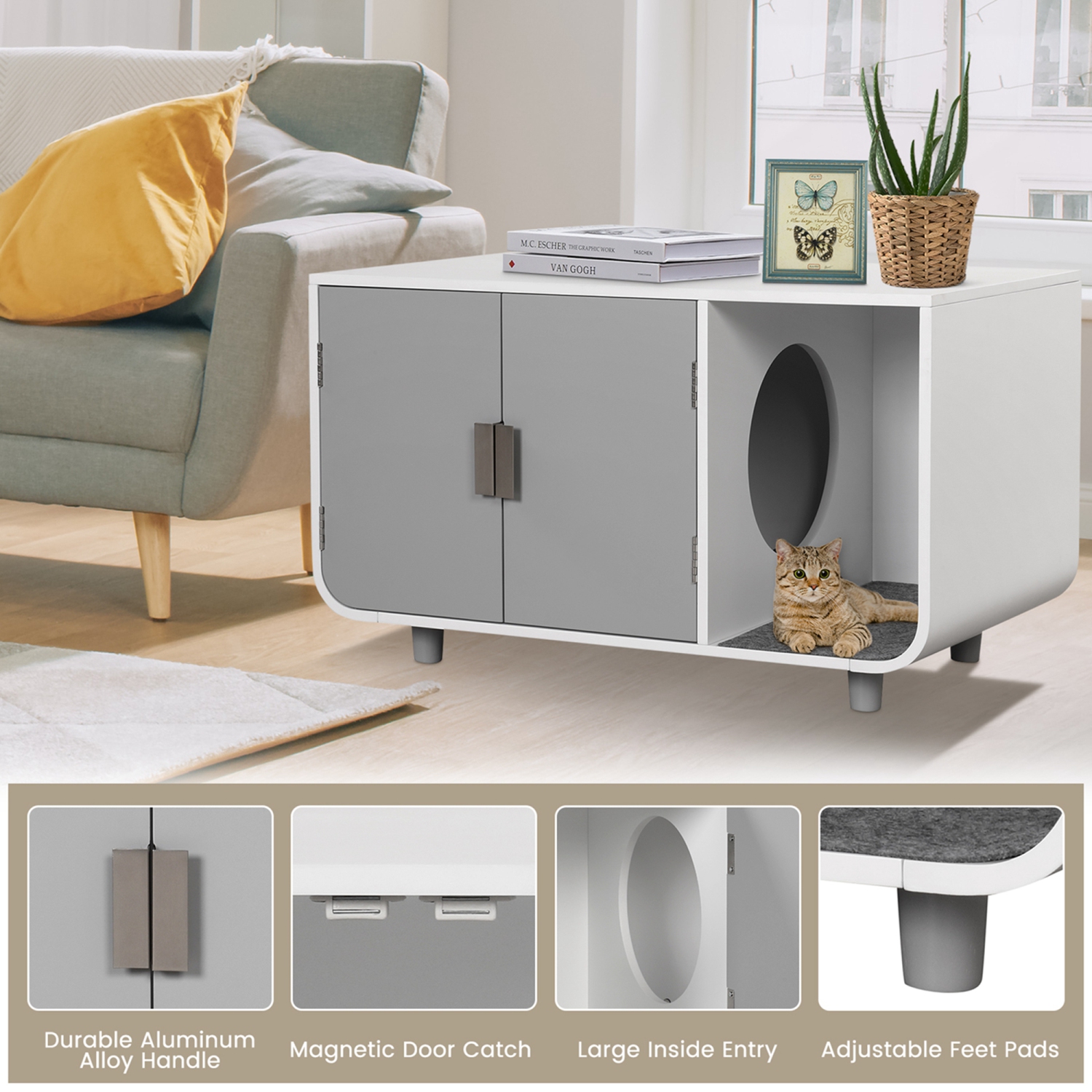 Costway Cat Litter Box Enclosure Furniture Hidden Cat Washroom with Rubber Wood Legs