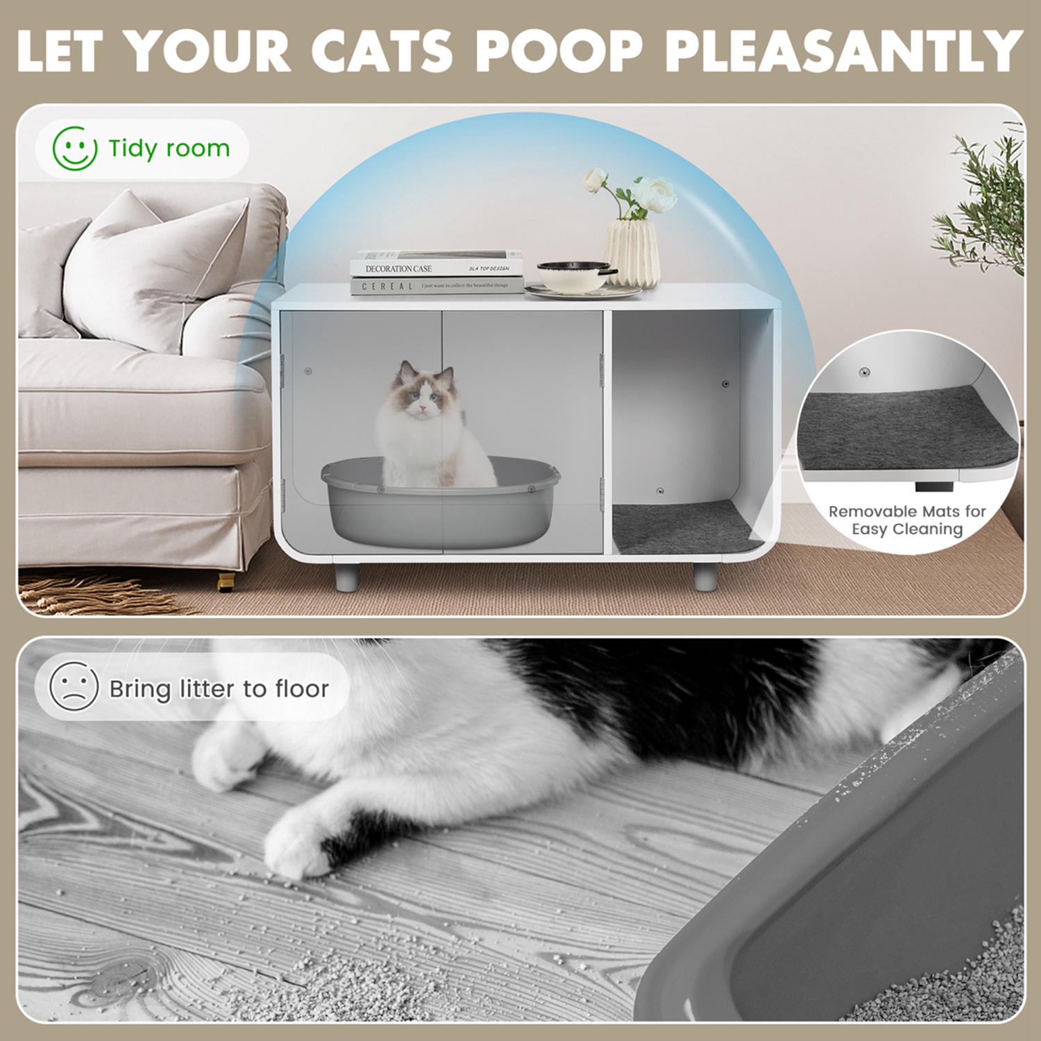 Costway Cat Litter Box Enclosure Furniture Hidden Cat Washroom with Rubber Wood Legs