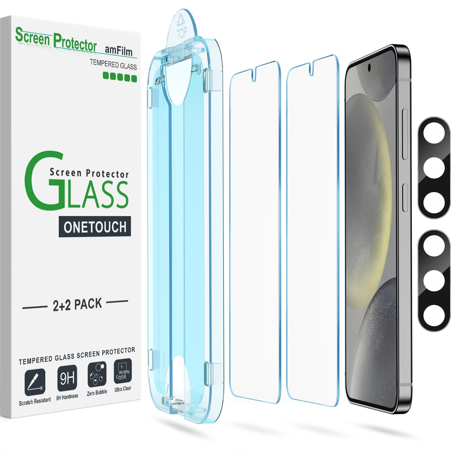 (2+2 Pack) OneTouch Compatible with Samsung Galaxy S24 6.2 inches Tempered Glass Screen Protector, 9H Hardness with Tempered Glass Camera Lens